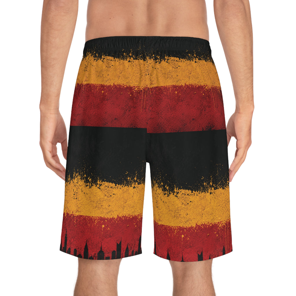 Board Shorts — Grunge Sunset Stripe with City Skyline