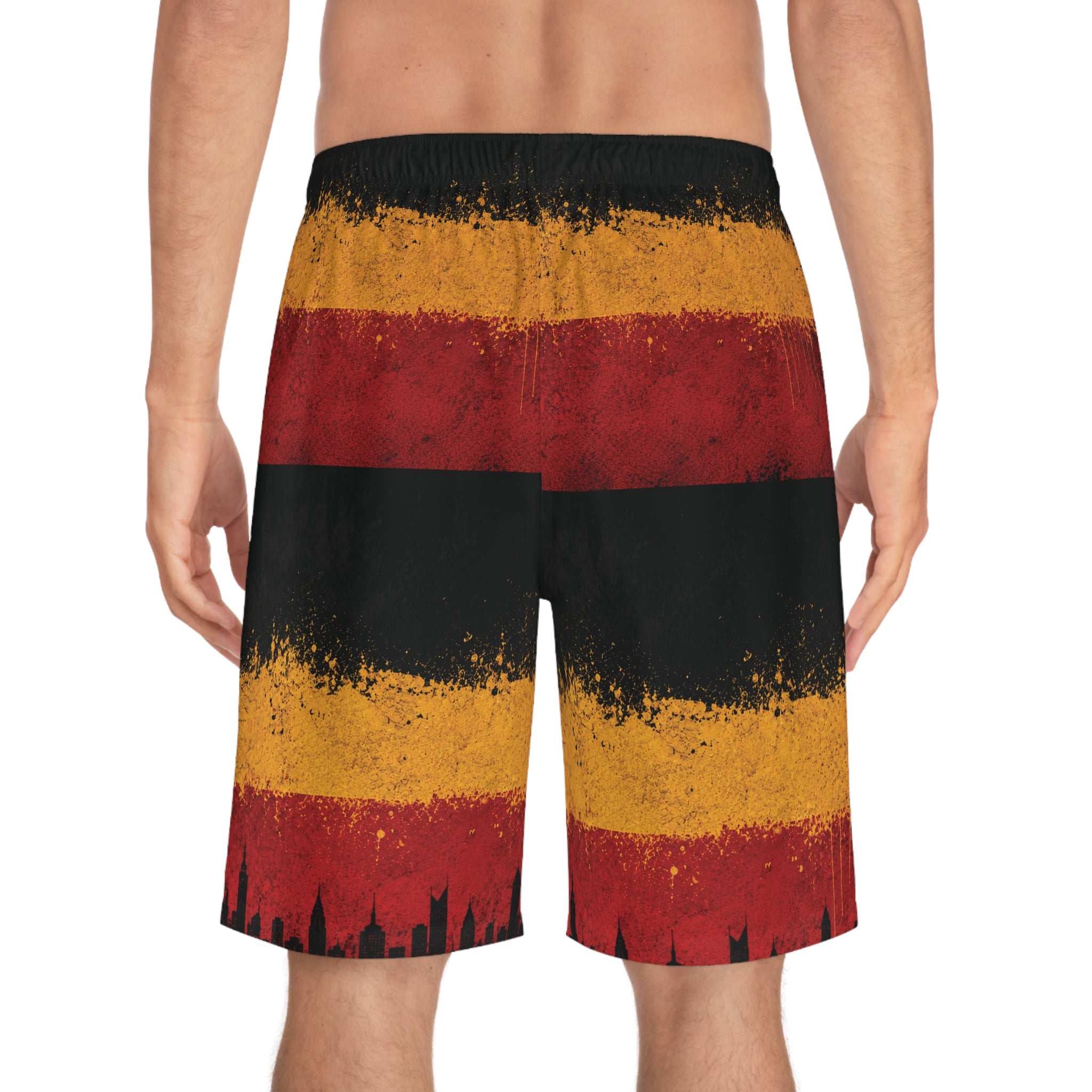Board Shorts — Grunge Sunset Stripe with City Skyline