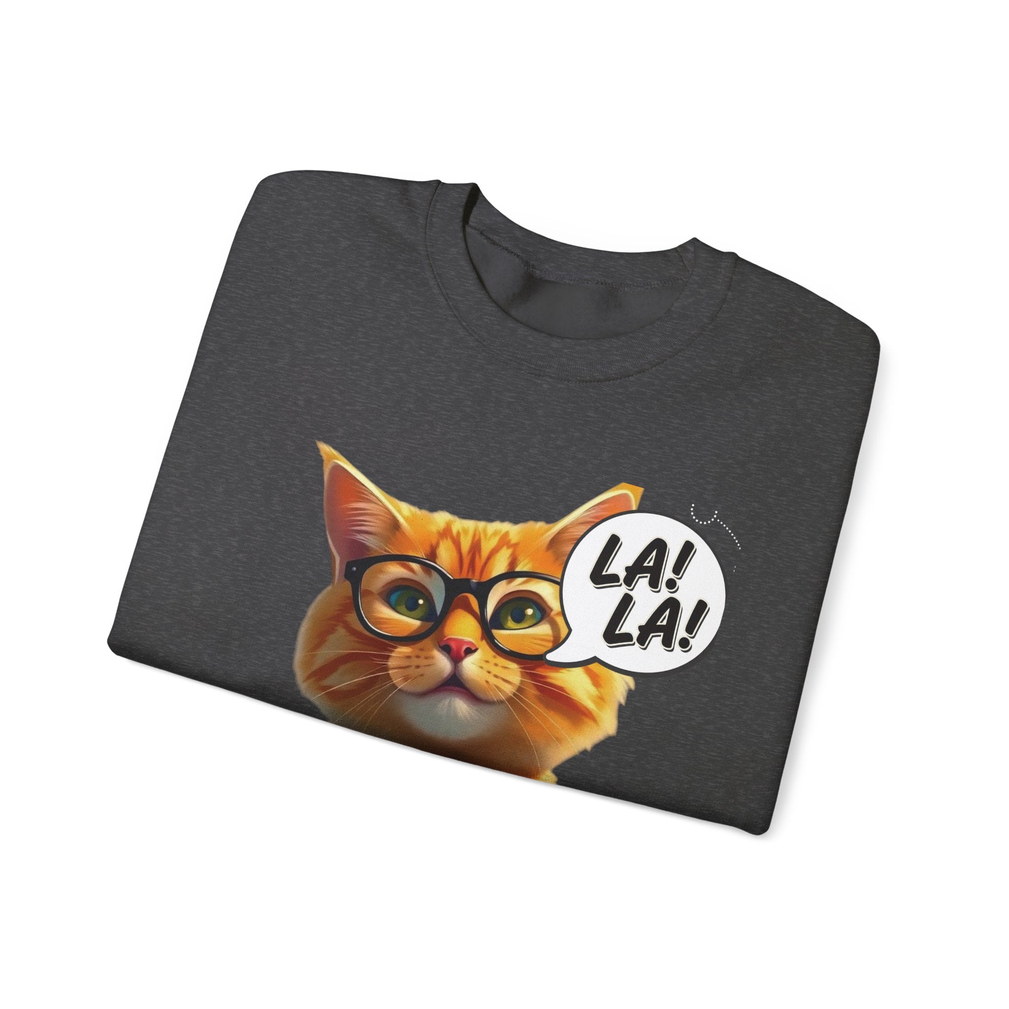 Cat Graphic Sweatshirt — Cute Orange Kitty with 'LA! LA!' Speech Bubble & Lion Crest Back