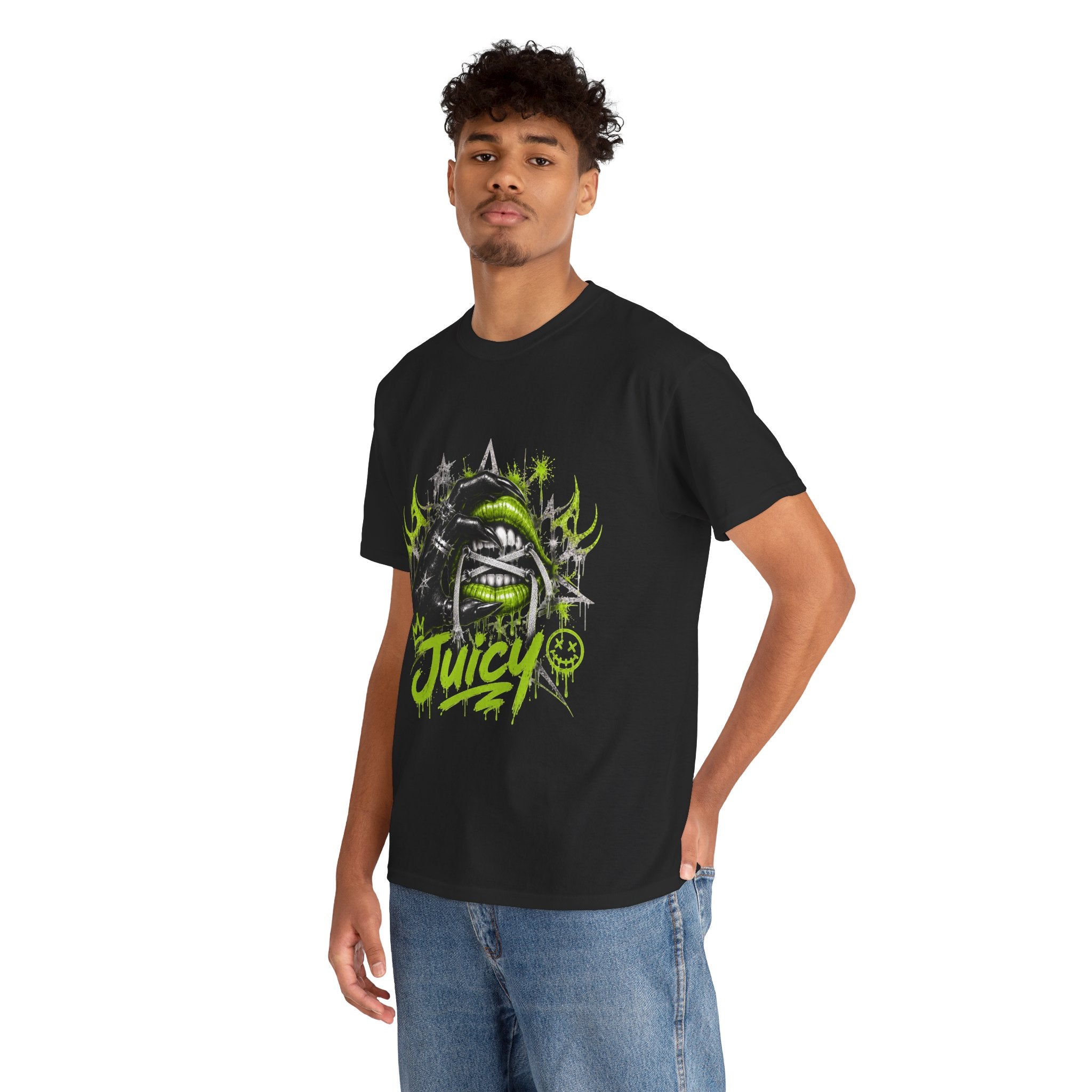 Juicy Graffiti Tee — Neon Green Street Art Graphic T-Shirt