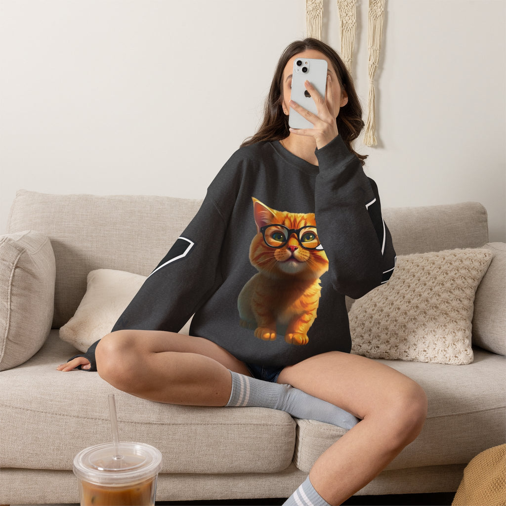 Cat Graphic Sweatshirt — Cute Orange Kitty with 'LA! LA!' Speech Bubble & Lion Crest Back