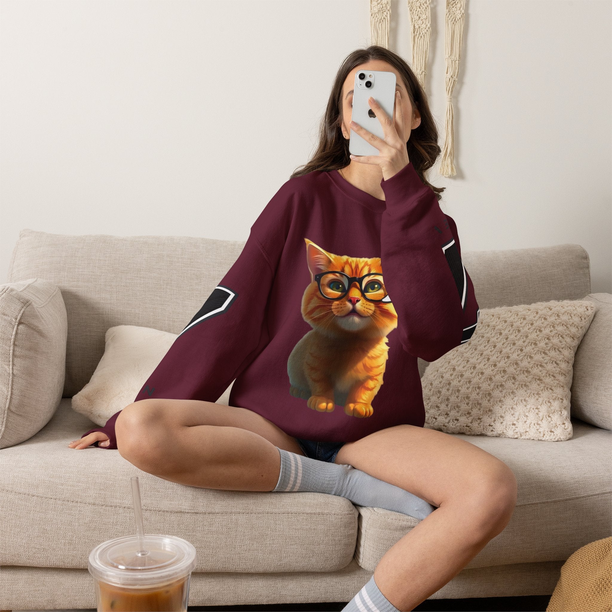 Cat Graphic Sweatshirt — Cute Orange Kitty with 'LA! LA!' Speech Bubble & Lion Crest Back