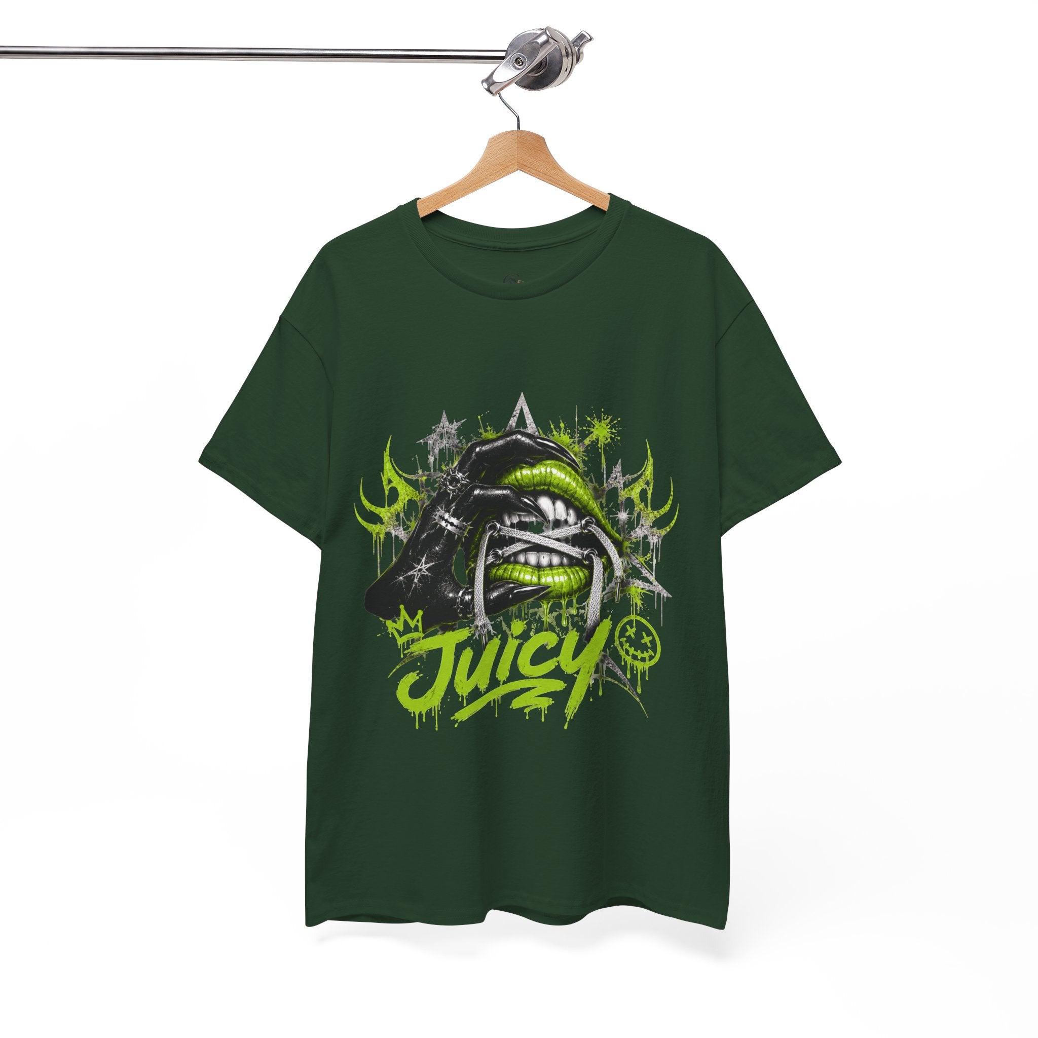 Juicy Graffiti Tee — Neon Green Street Art Graphic T-Shirt
