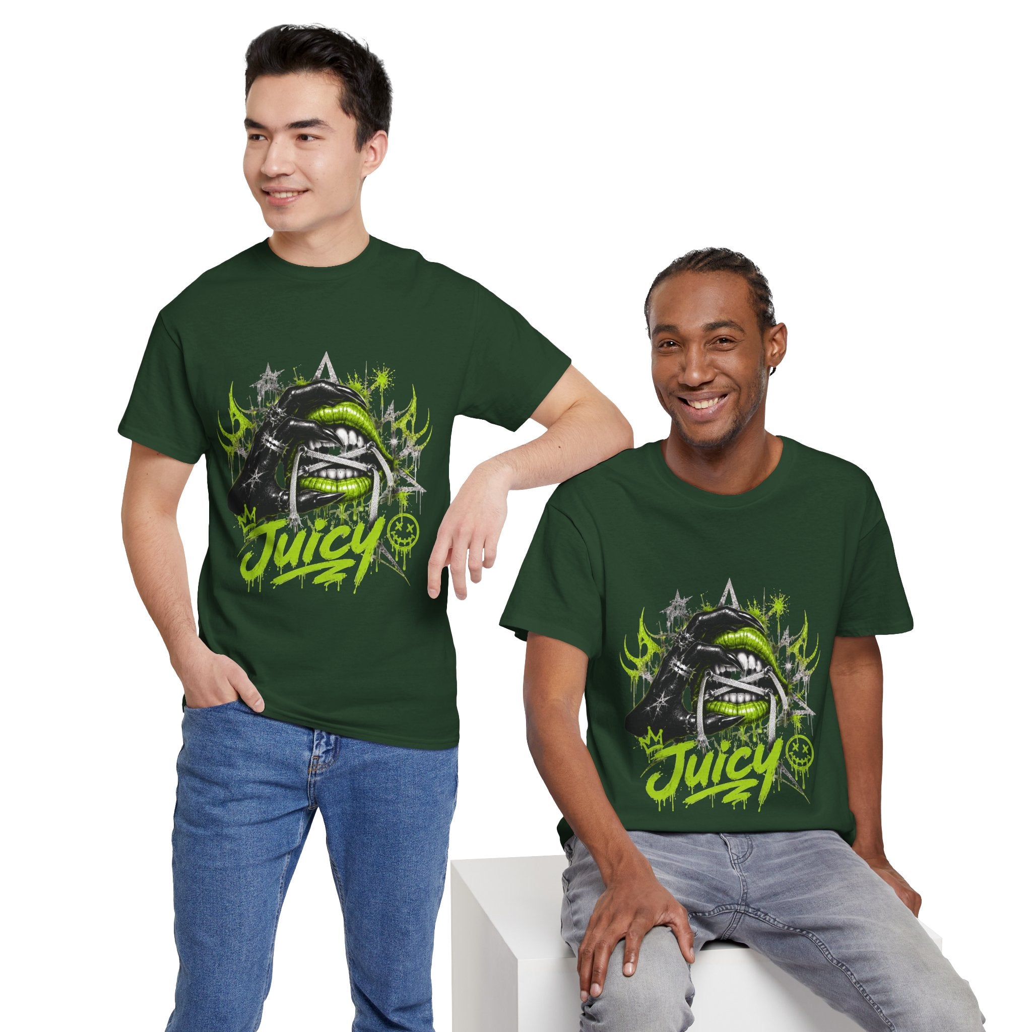 Juicy Graffiti Tee — Neon Green Street Art Graphic T-Shirt