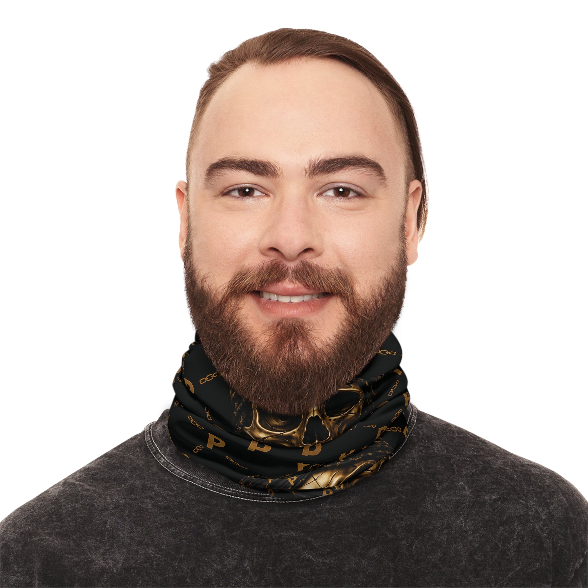 Skull Luxe Neck Gaiter — Gold Monogram Pirate Skull Face Mask