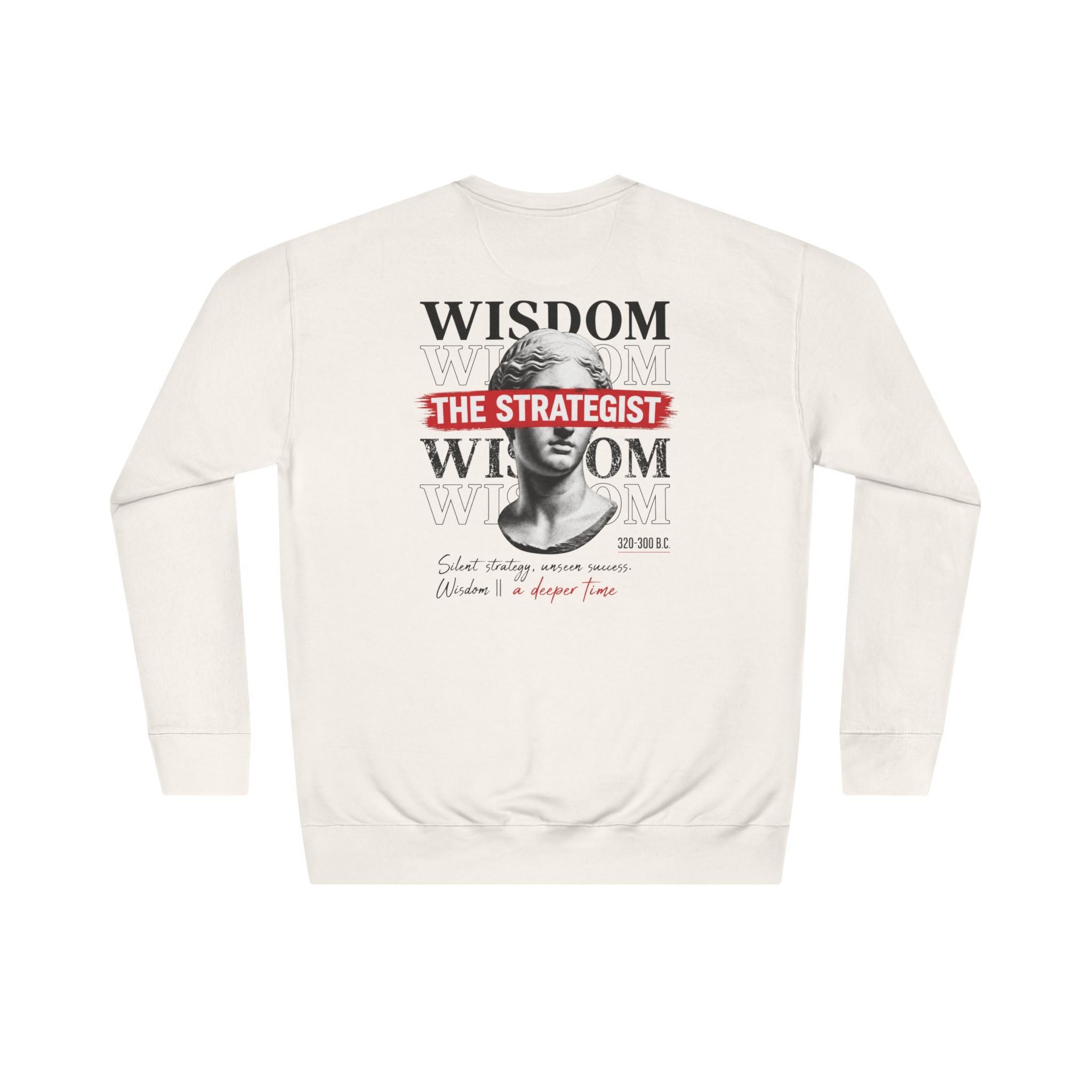 Strategist Crewneck Sweatshirt — Retro Classical Bust Graphic with 'The Strategist' Text