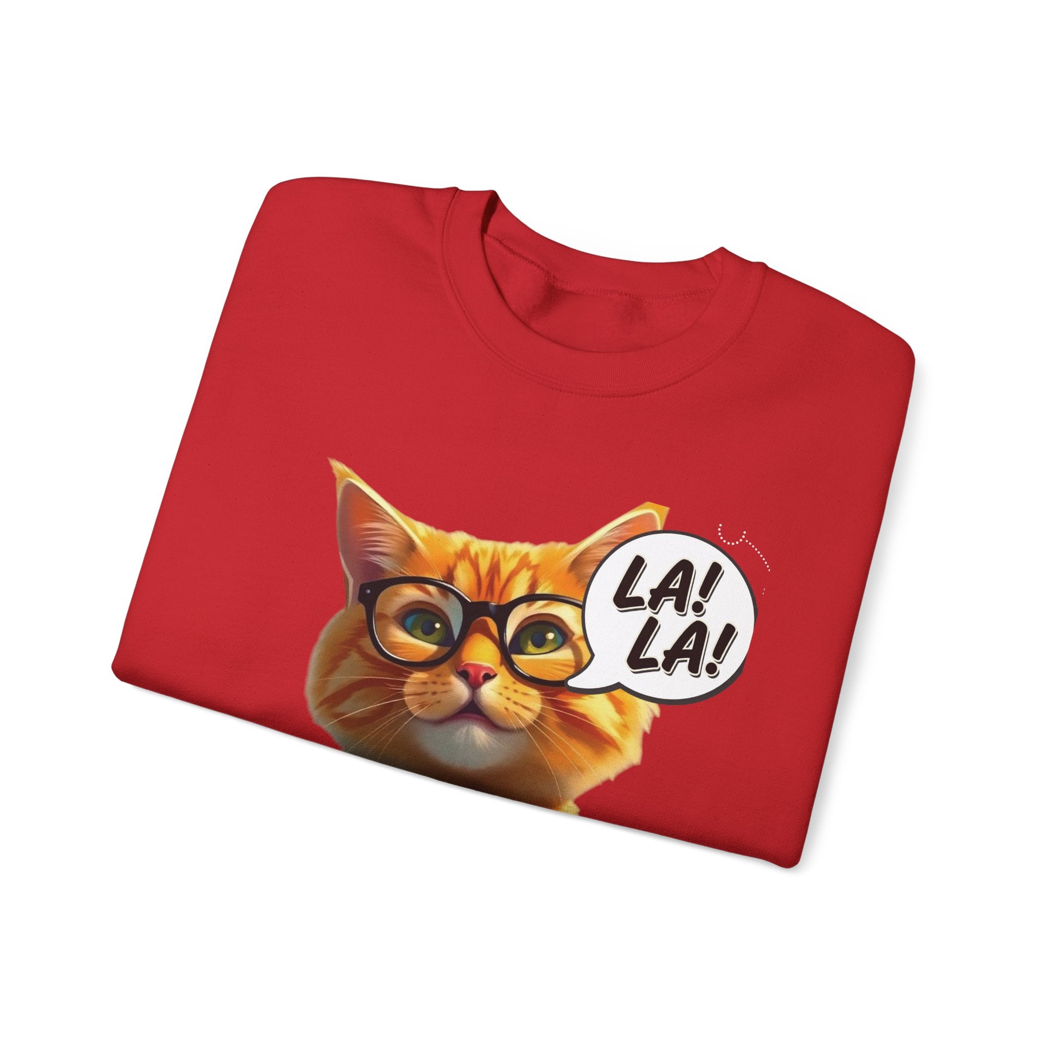 Cat Graphic Sweatshirt — Cute Orange Kitty with 'LA! LA!' Speech Bubble & Lion Crest Back