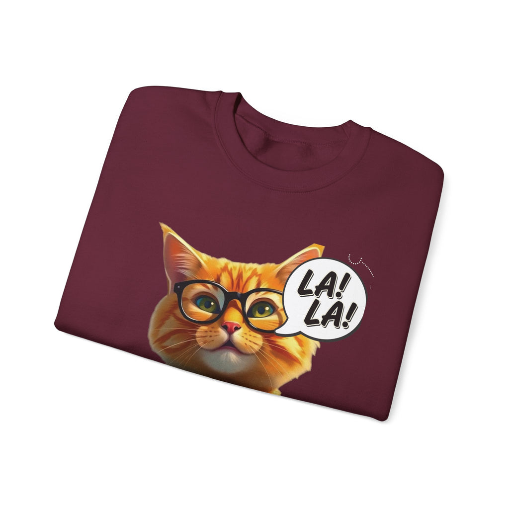 Cat Graphic Sweatshirt — Cute Orange Kitty with 'LA! LA!' Speech Bubble & Lion Crest Back