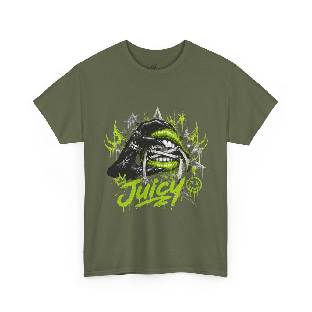 Juicy Graffiti Tee — Neon Green Street Art Graphic T-Shirt