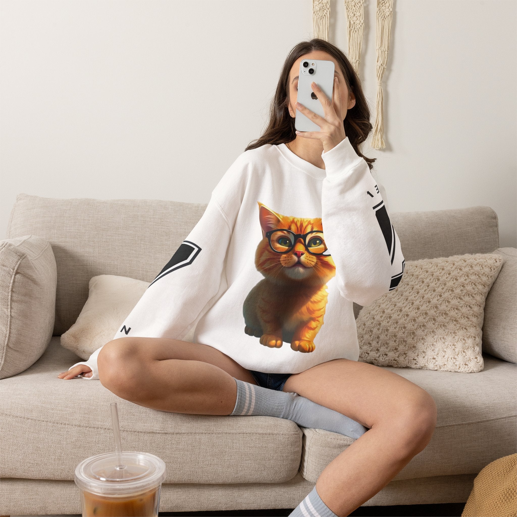 Cat Graphic Sweatshirt — Cute Orange Kitty with 'LA! LA!' Speech Bubble & Lion Crest Back