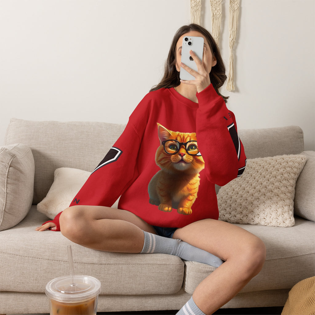 Cat Graphic Sweatshirt — Cute Orange Kitty with 'LA! LA!' Speech Bubble & Lion Crest Back
