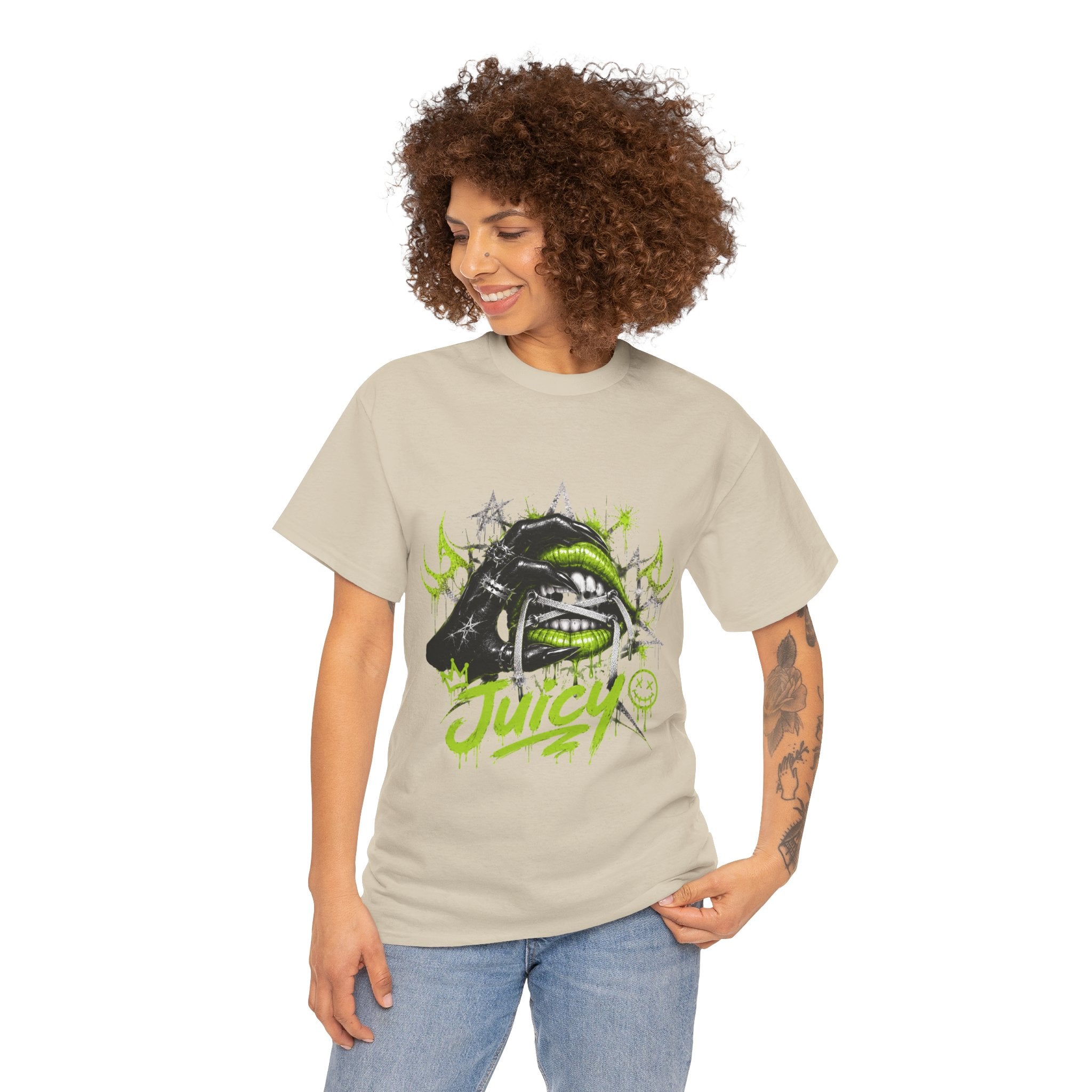 Juicy Graffiti Tee — Neon Green Street Art Graphic T-Shirt