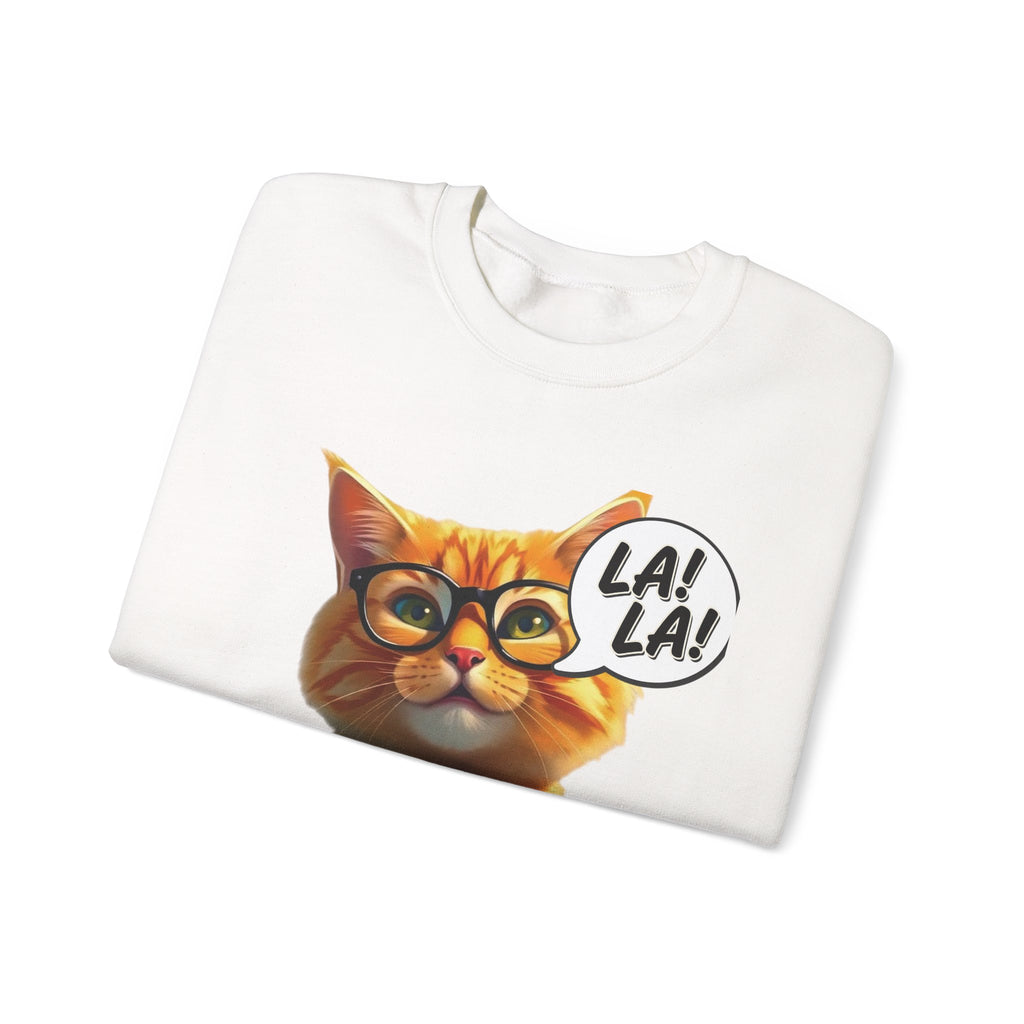 Cat Graphic Sweatshirt — Cute Orange Kitty with 'LA! LA!' Speech Bubble & Lion Crest Back