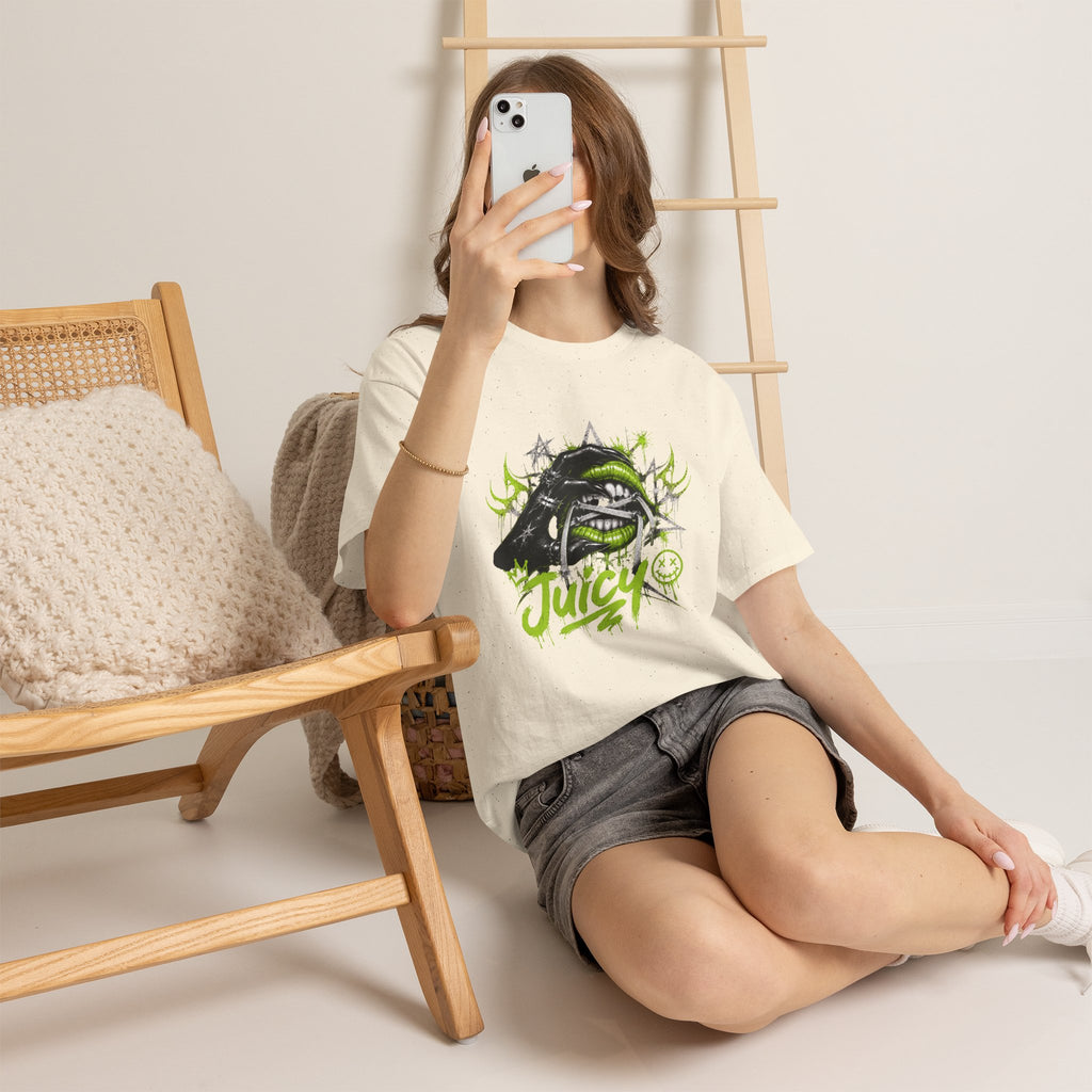 Juicy Graffiti Tee — Neon Green Street Art Graphic T-Shirt
