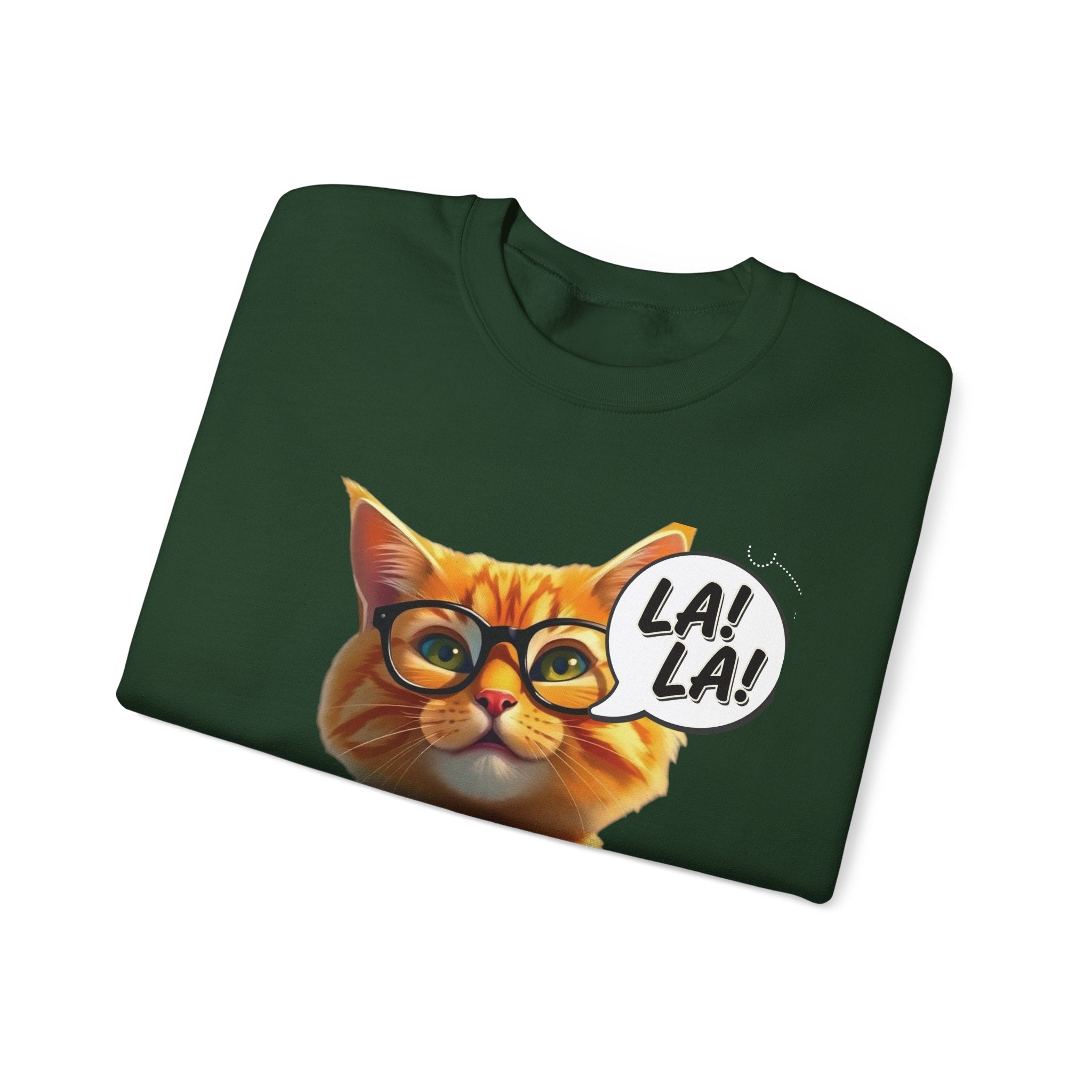 Cat Graphic Sweatshirt — Cute Orange Kitty with 'LA! LA!' Speech Bubble & Lion Crest Back