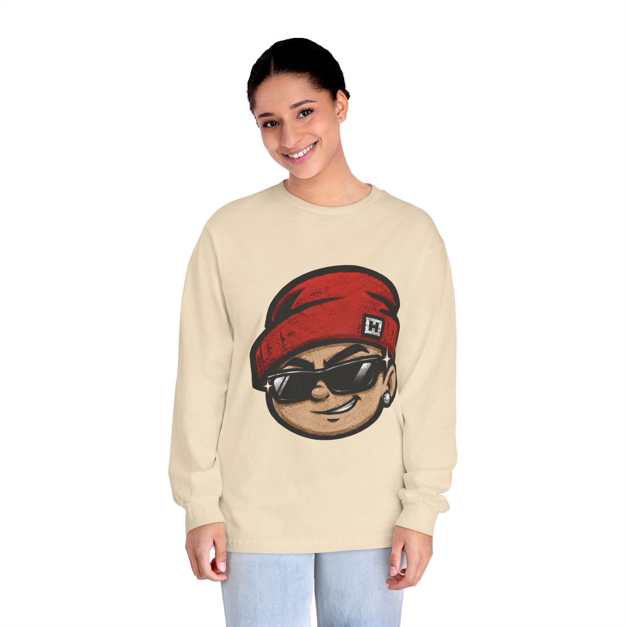 Streetwear Smiley Face Long Sleeve T-Shirt — Red Beanie Cool Kid Graphic