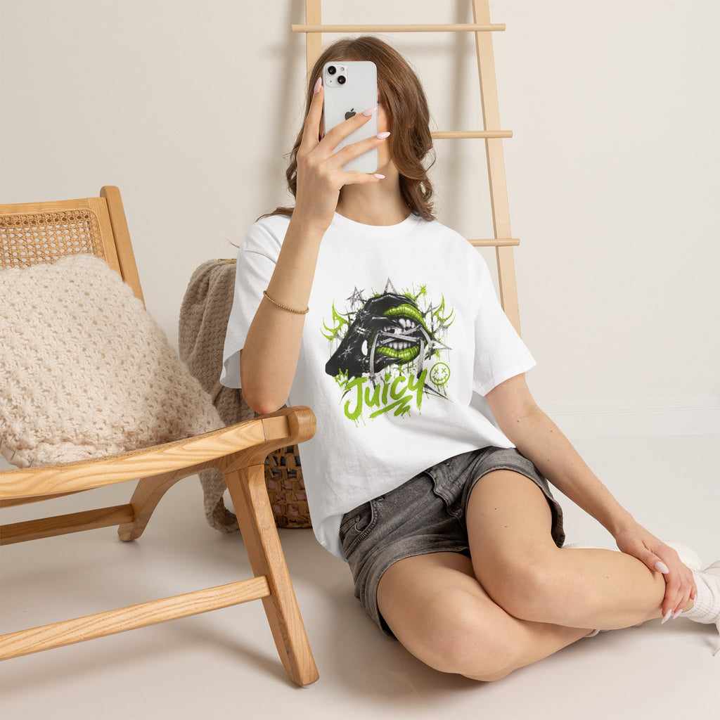 Juicy Graffiti Tee — Neon Green Street Art Graphic T-Shirt