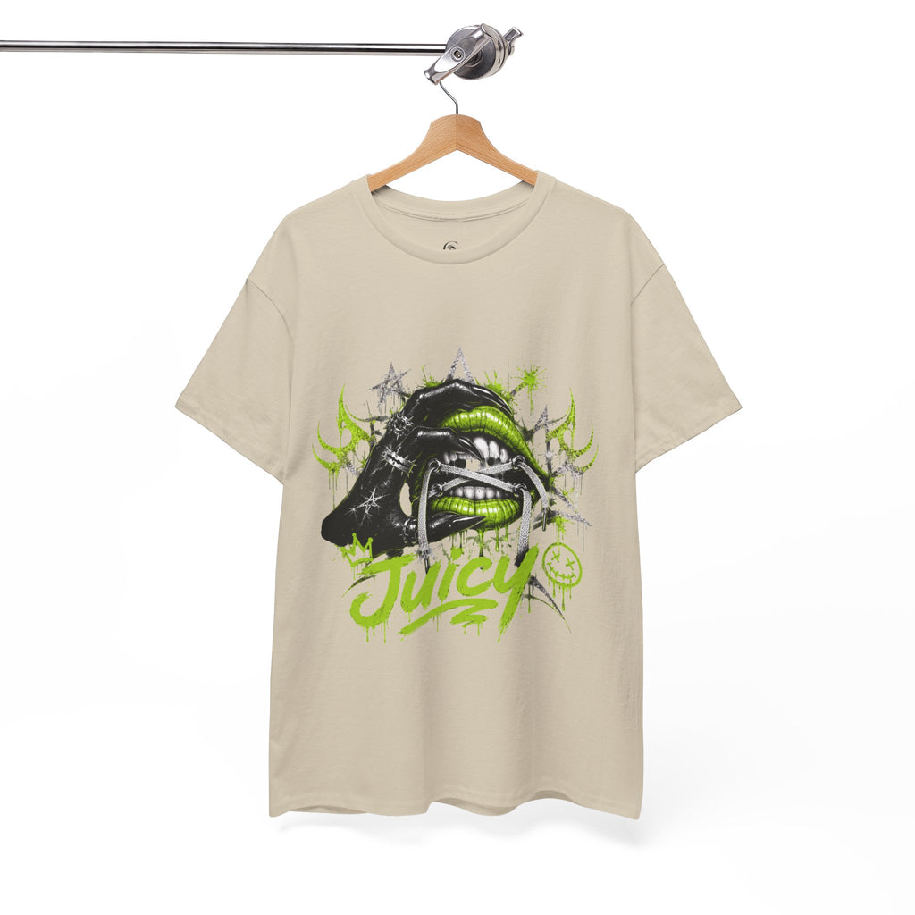 Juicy Graffiti Tee — Neon Green Street Art Graphic T-Shirt