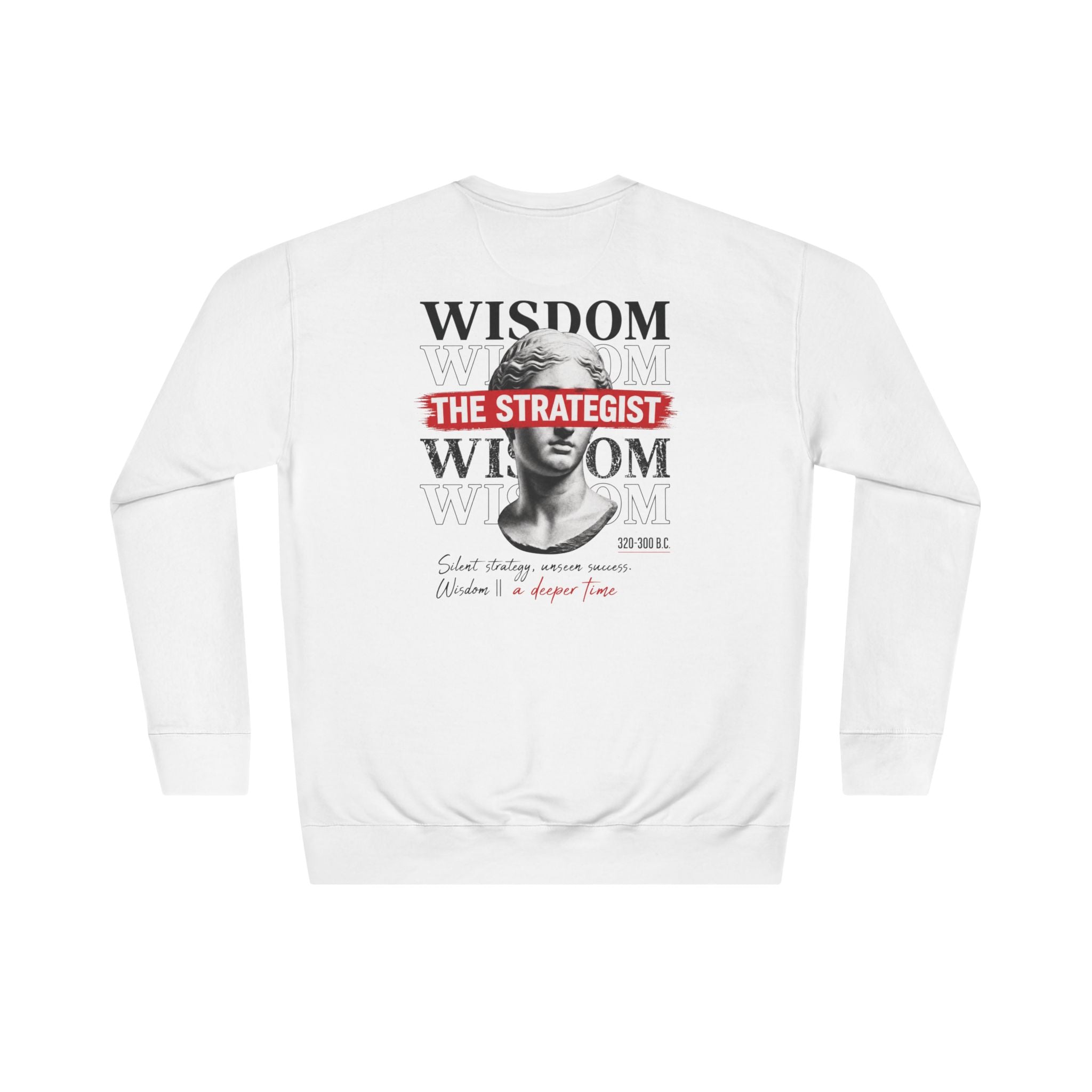 Strategist Crewneck Sweatshirt — Retro Classical Bust Graphic with 'The Strategist' Text