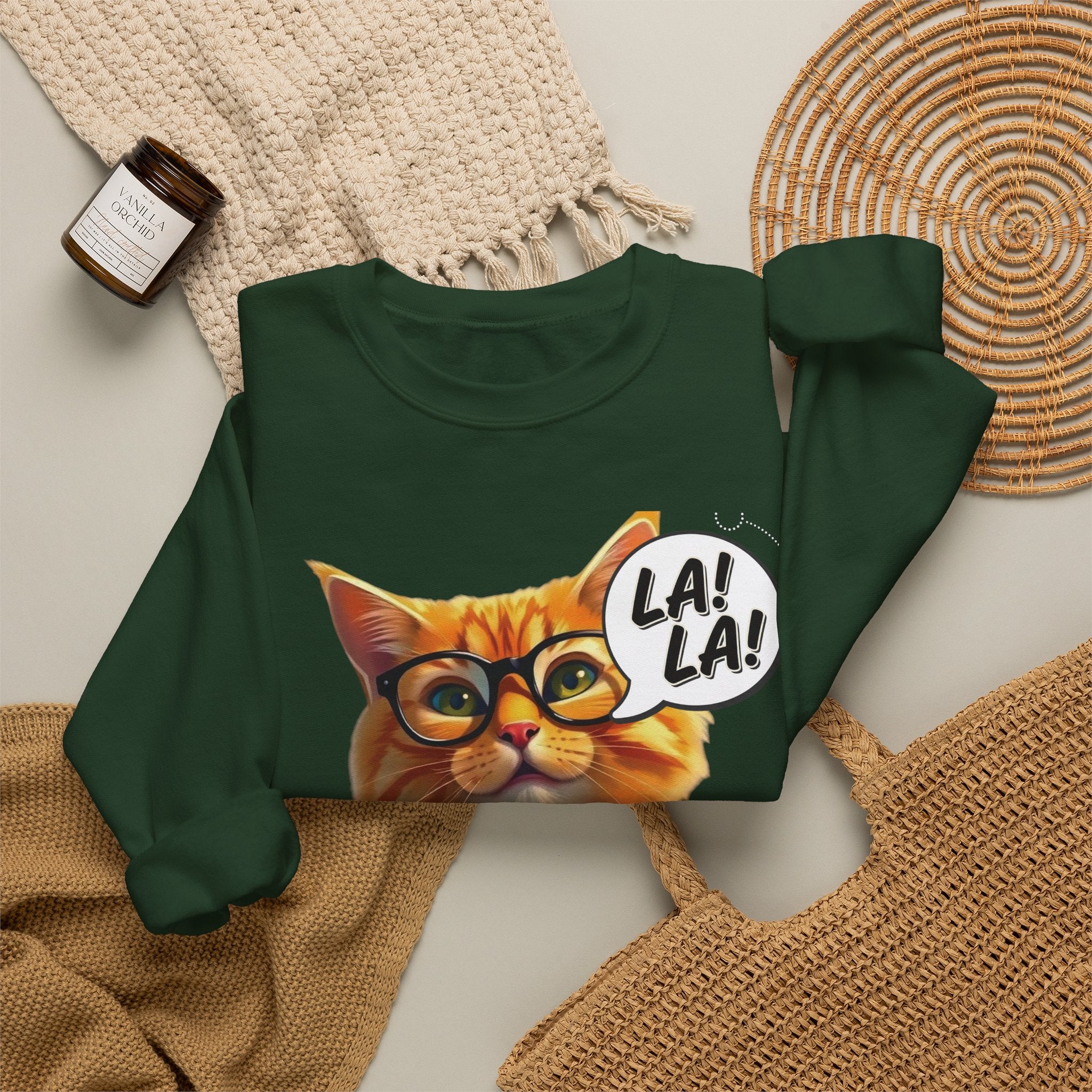 Cat Graphic Sweatshirt — Cute Orange Kitty with 'LA! LA!' Speech Bubble & Lion Crest Back