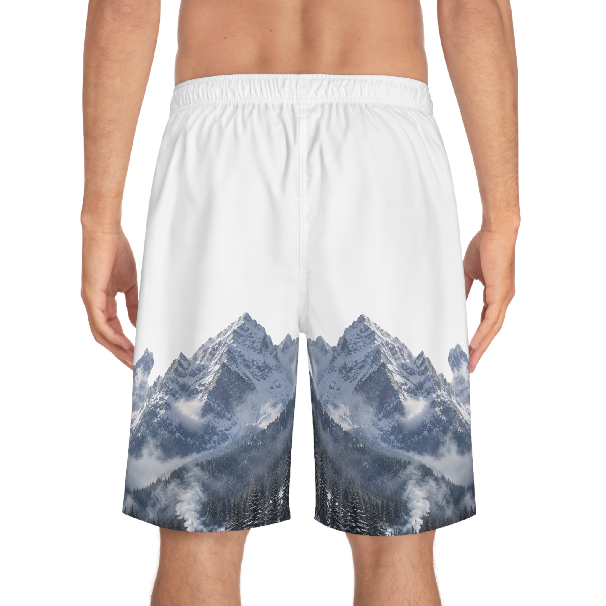 Board Shorts — 'Move Forward' Mountain Graphic Swim Trunks