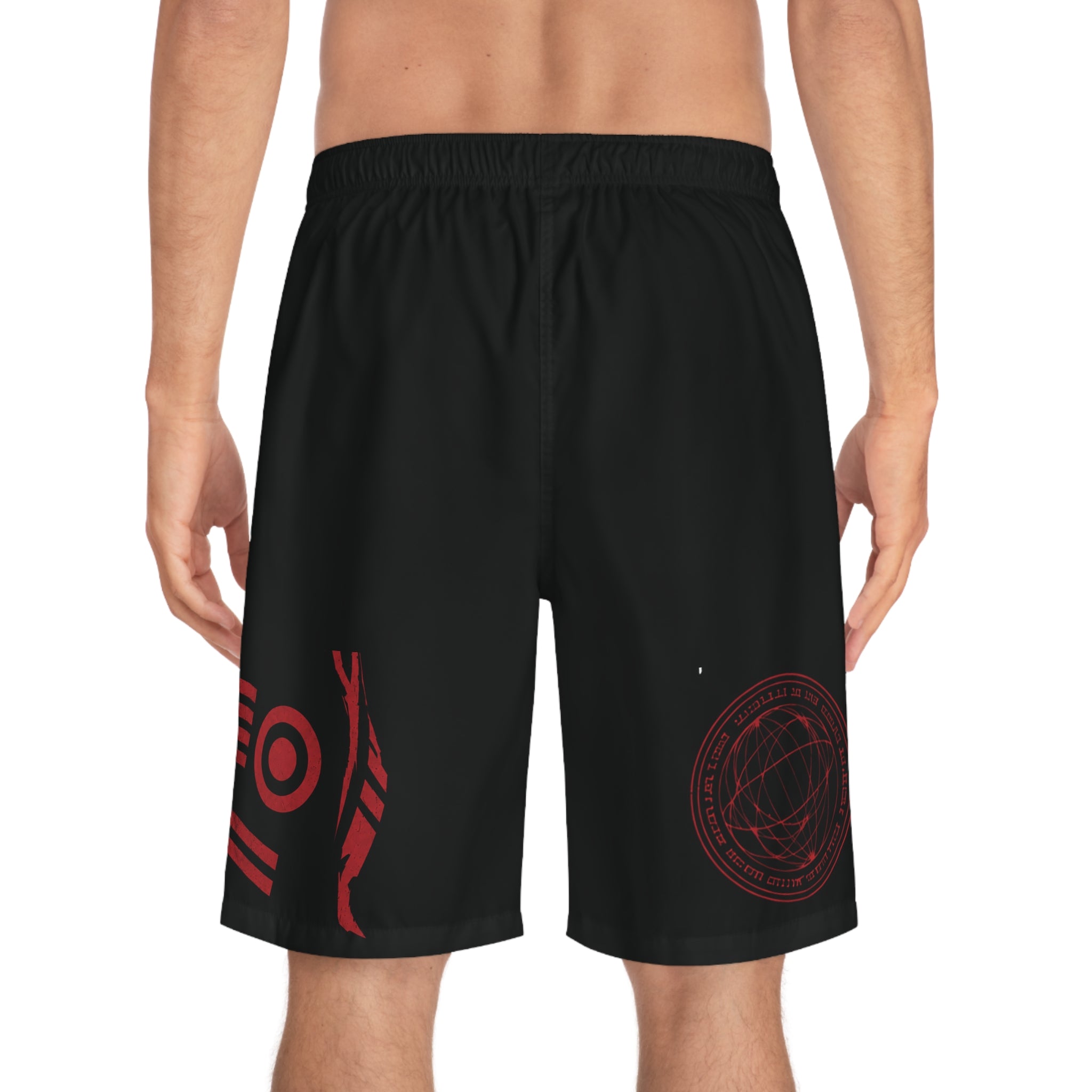Forever Young Graphic Board Shorts — Men's Black Red Gothic Swim Trunks
