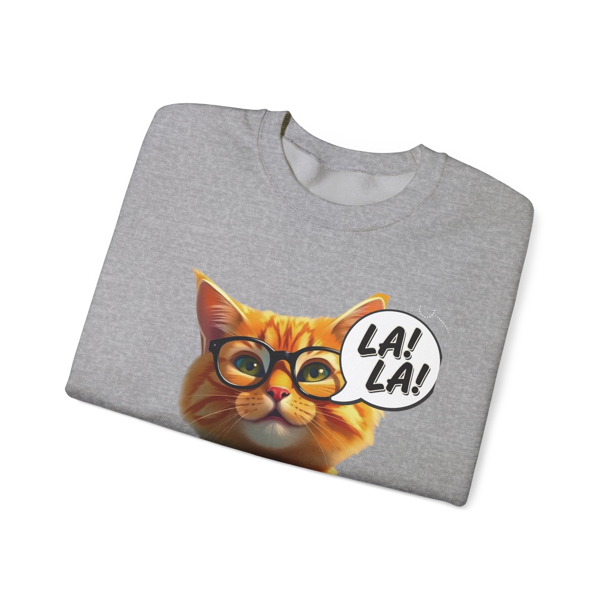 Cat Graphic Sweatshirt — Cute Orange Kitty with 'LA! LA!' Speech Bubble & Lion Crest Back