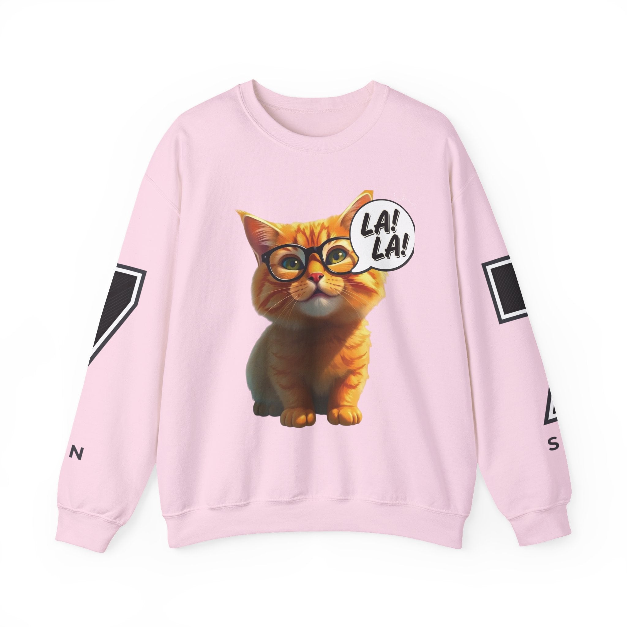 Cat Graphic Sweatshirt — Cute Orange Kitty with 'LA! LA!' Speech Bubble & Lion Crest Back