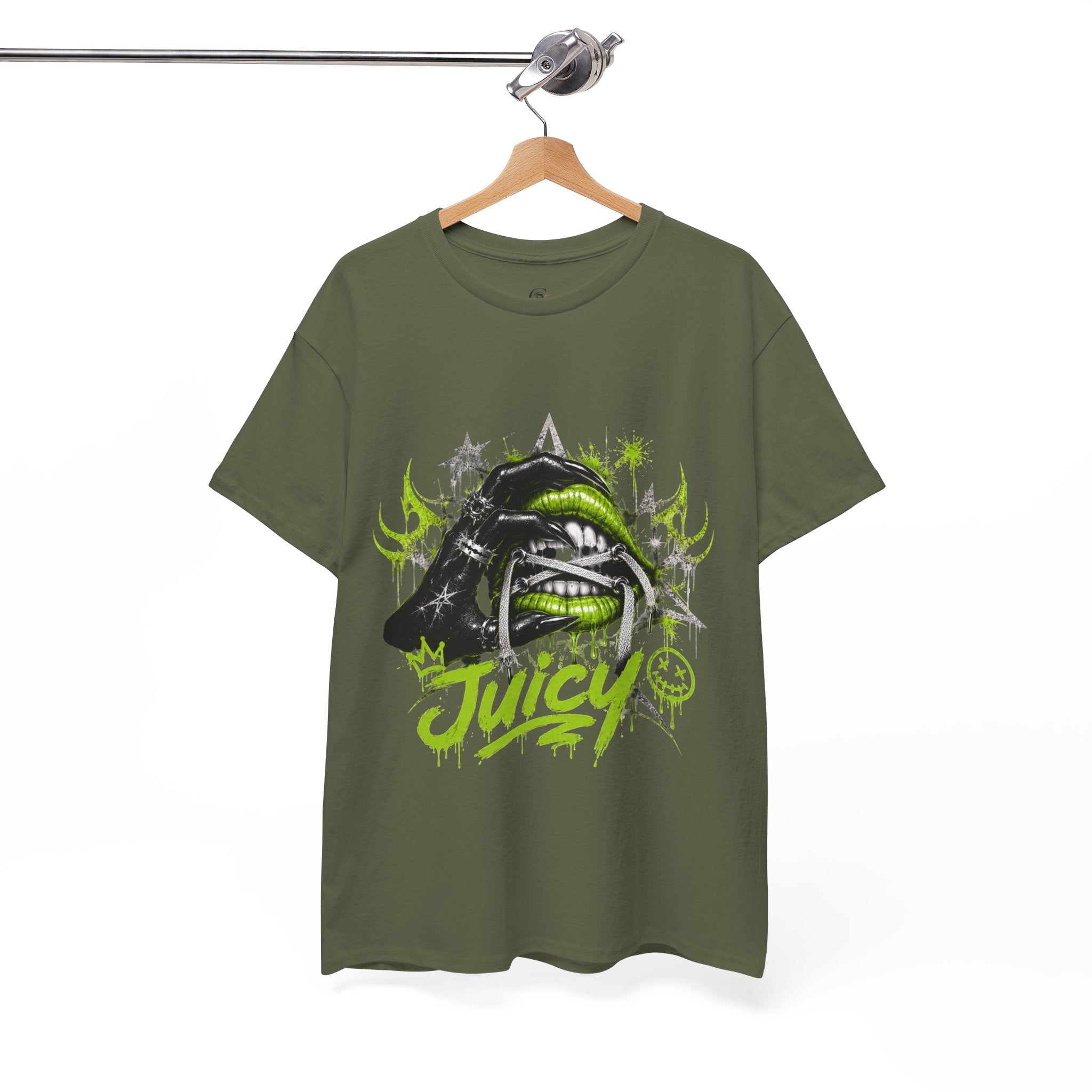 Juicy Graffiti Tee — Neon Green Street Art Graphic T-Shirt
