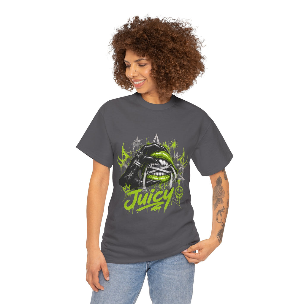 Juicy Graffiti Tee — Neon Green Street Art Graphic T-Shirt
