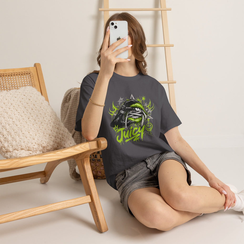 Juicy Graffiti Tee — Neon Green Street Art Graphic T-Shirt
