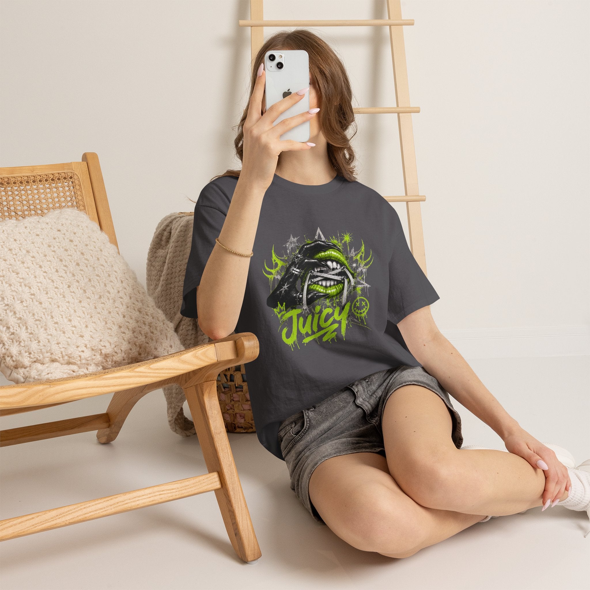 Juicy Graffiti Tee — Neon Green Street Art Graphic T-Shirt