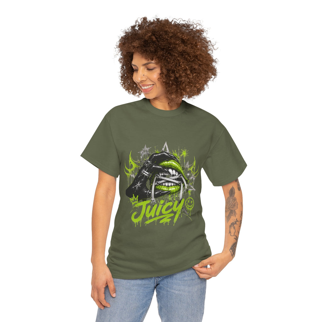 Juicy Graffiti Tee — Neon Green Street Art Graphic T-Shirt