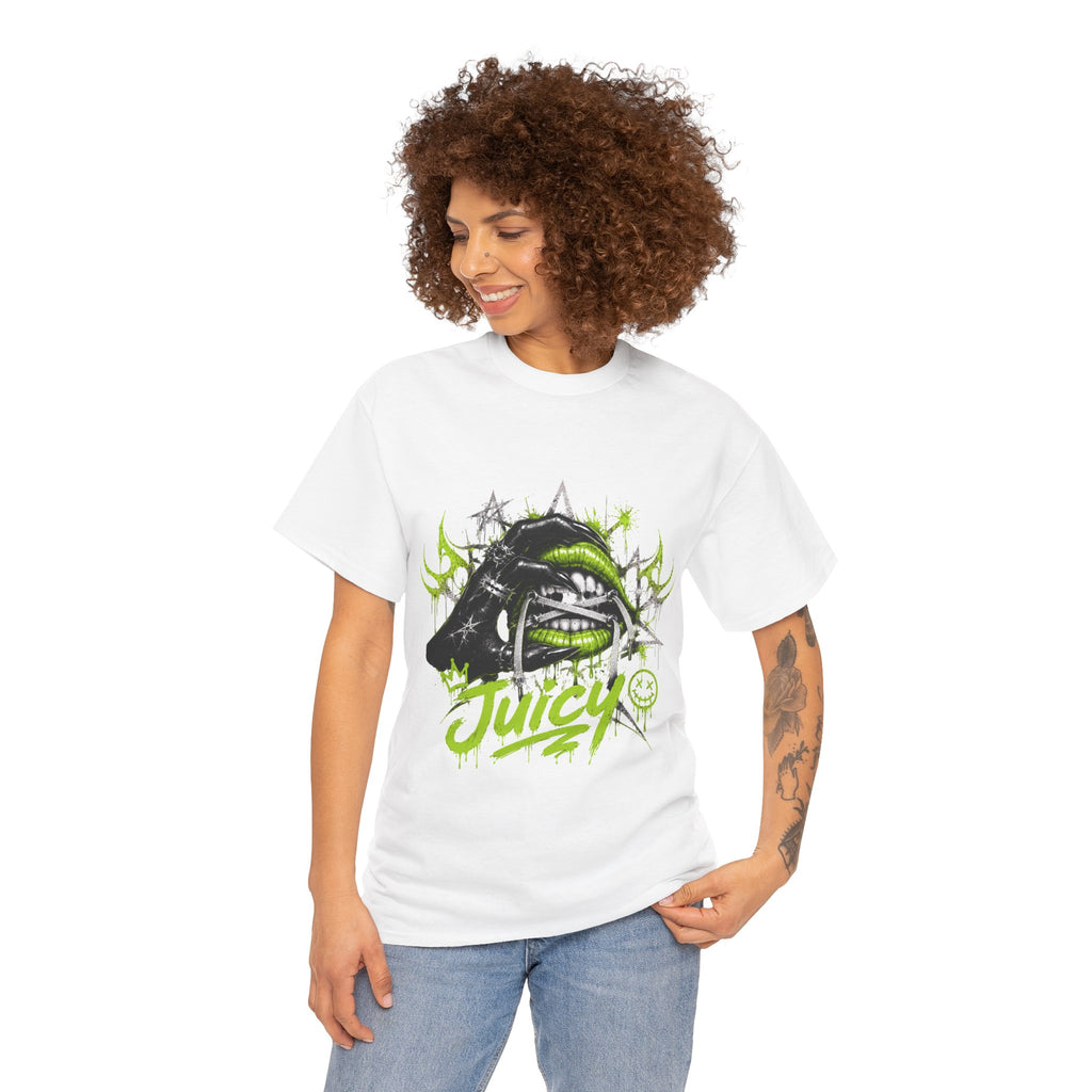 Juicy Graffiti Tee — Neon Green Street Art Graphic T-Shirt