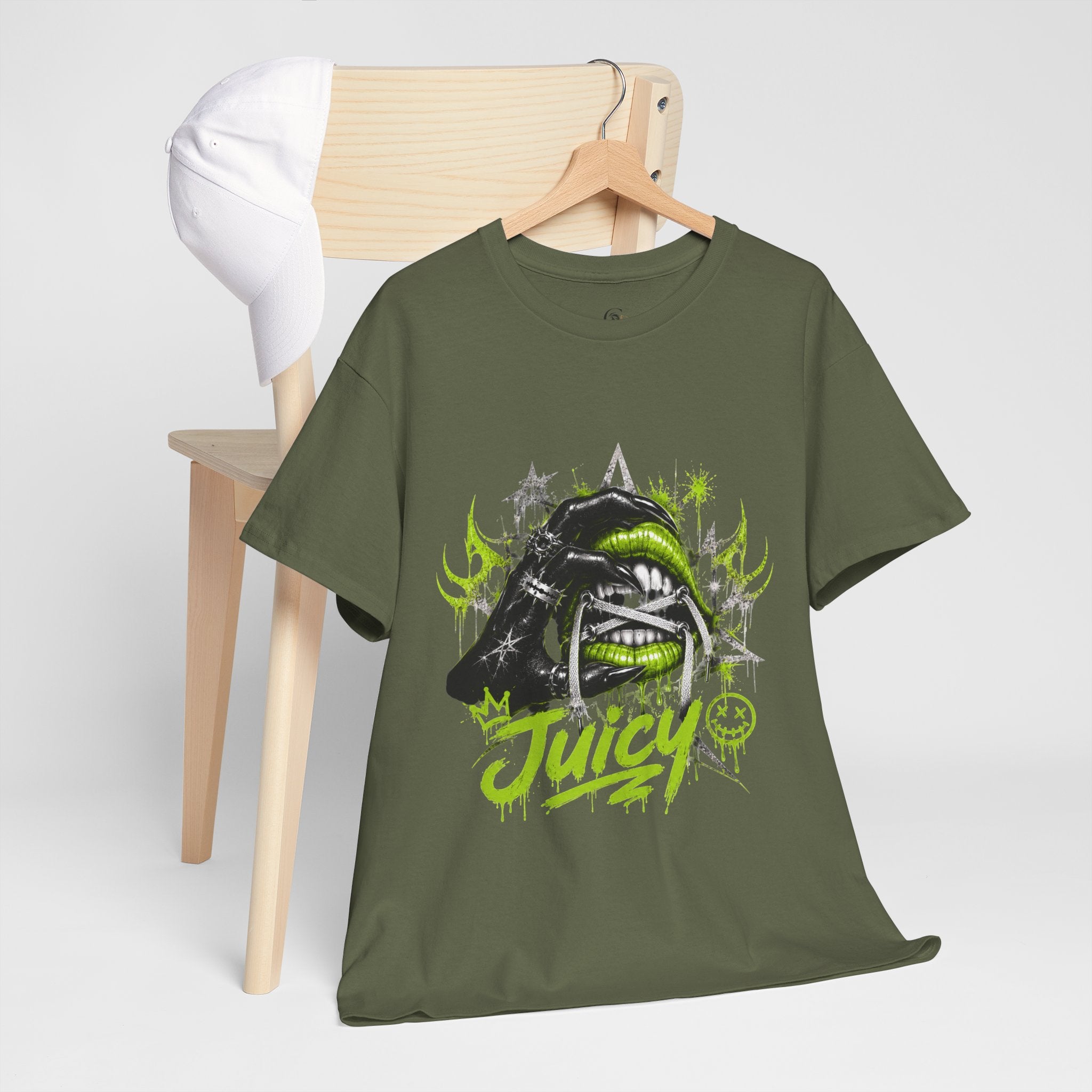 Juicy Graffiti Tee — Neon Green Street Art Graphic T-Shirt
