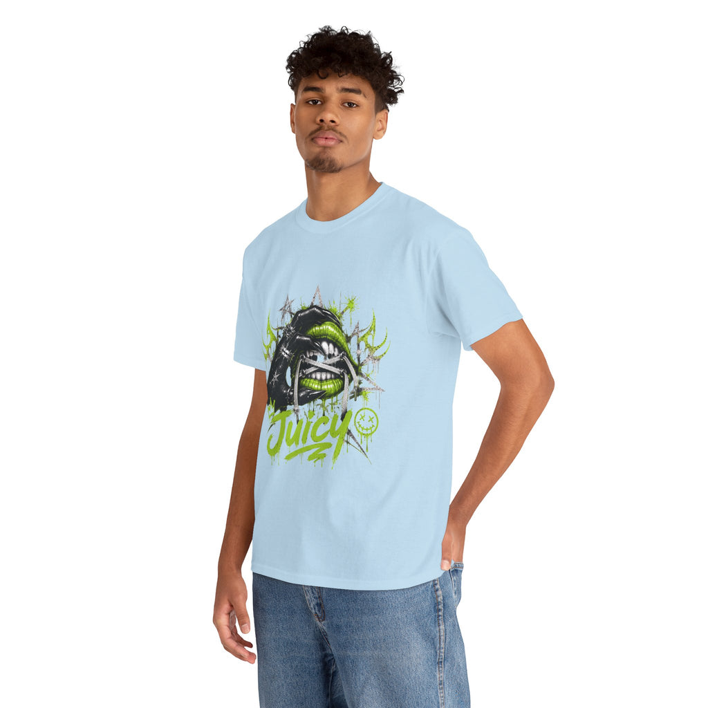 Juicy Graffiti Tee — Neon Green Street Art Graphic T-Shirt