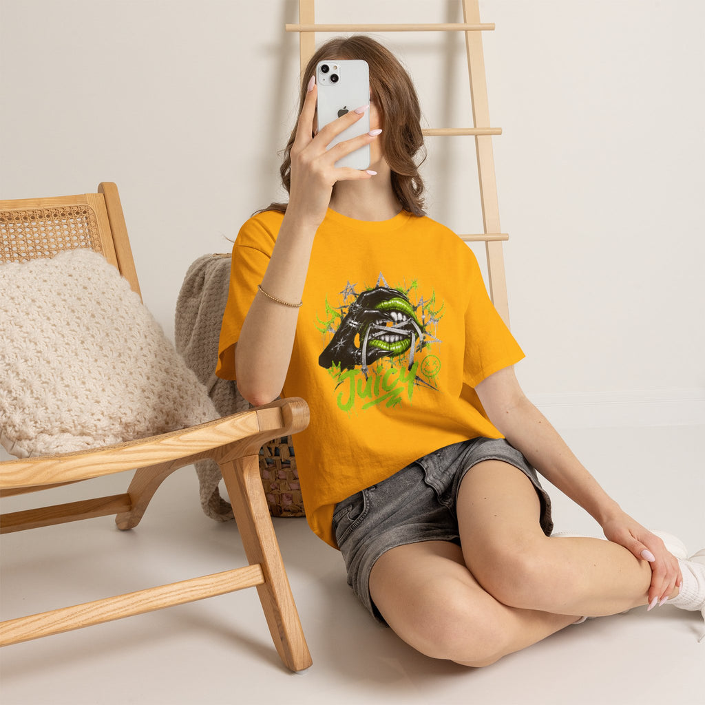 Juicy Graffiti Tee — Neon Green Street Art Graphic T-Shirt