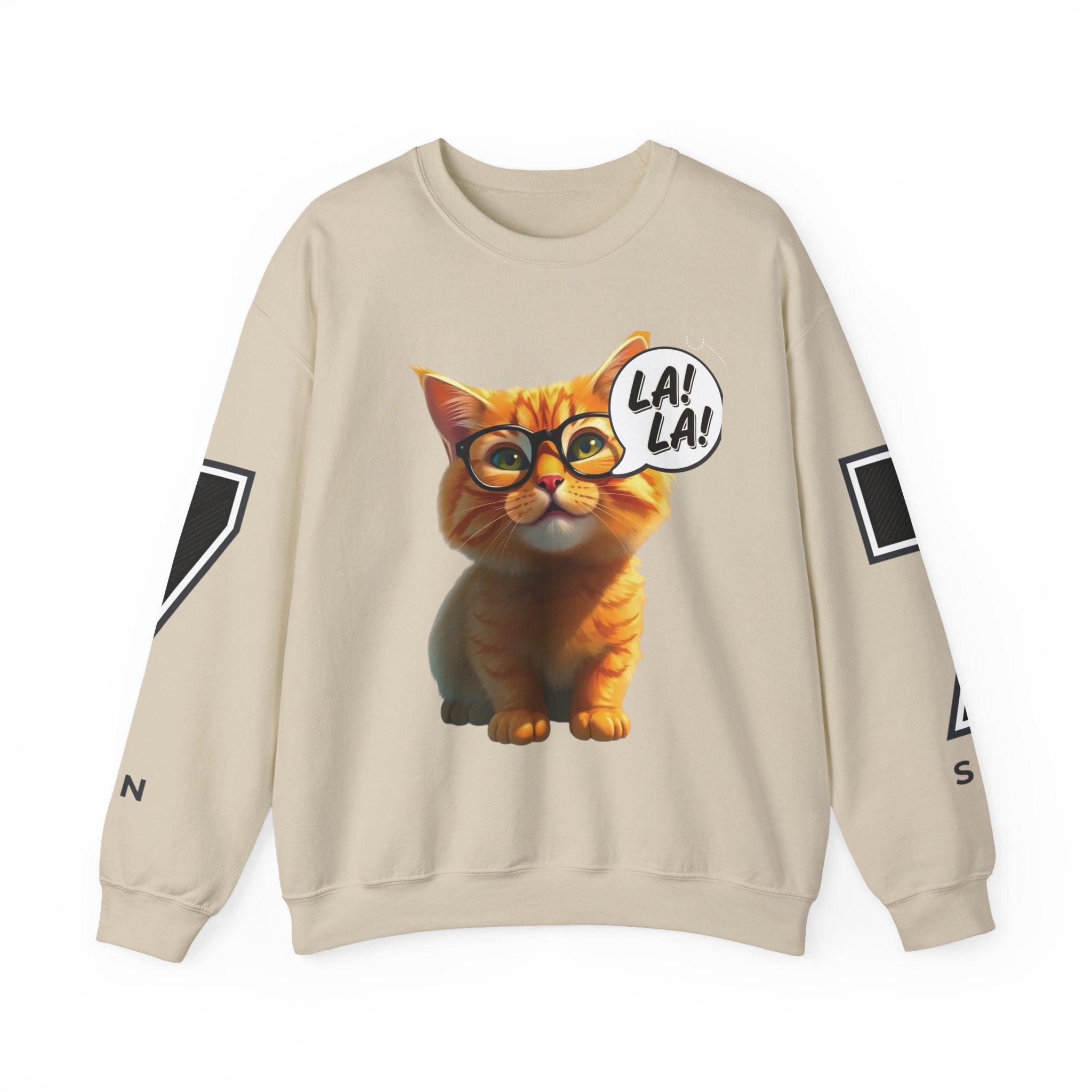 Cat Graphic Sweatshirt — Cute Orange Kitty with 'LA! LA!' Speech Bubble & Lion Crest Back