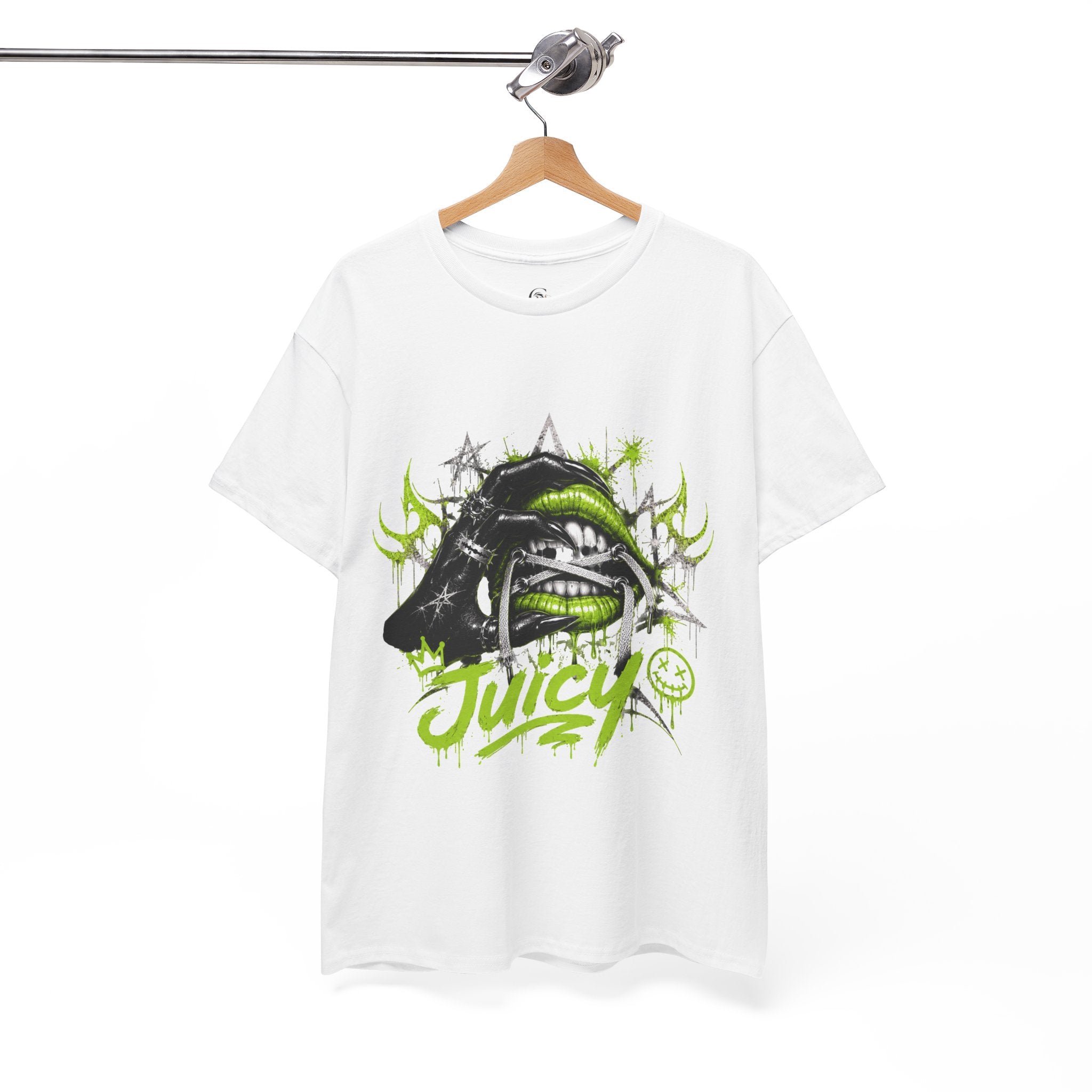 Juicy Graffiti Tee — Neon Green Street Art Graphic T-Shirt