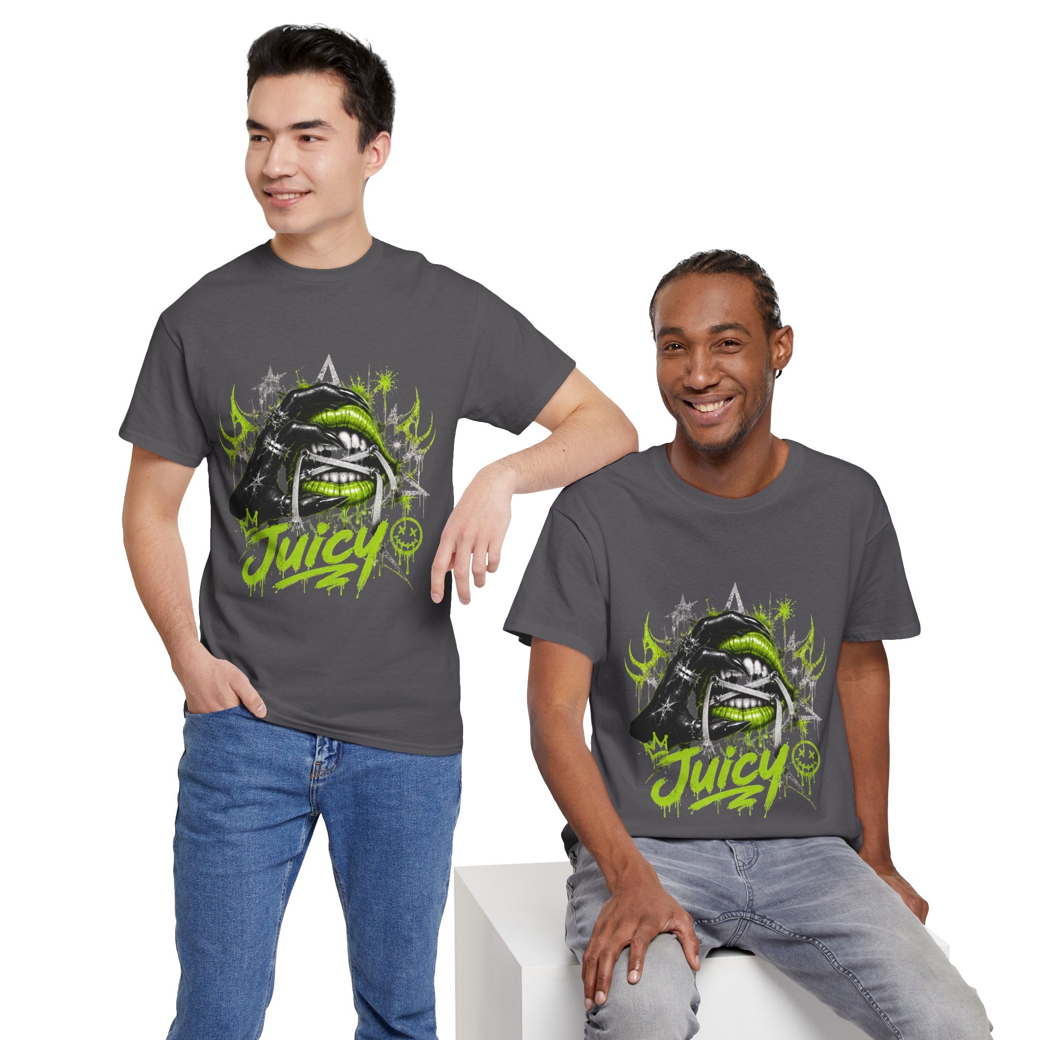 Juicy Graffiti Tee — Neon Green Street Art Graphic T-Shirt