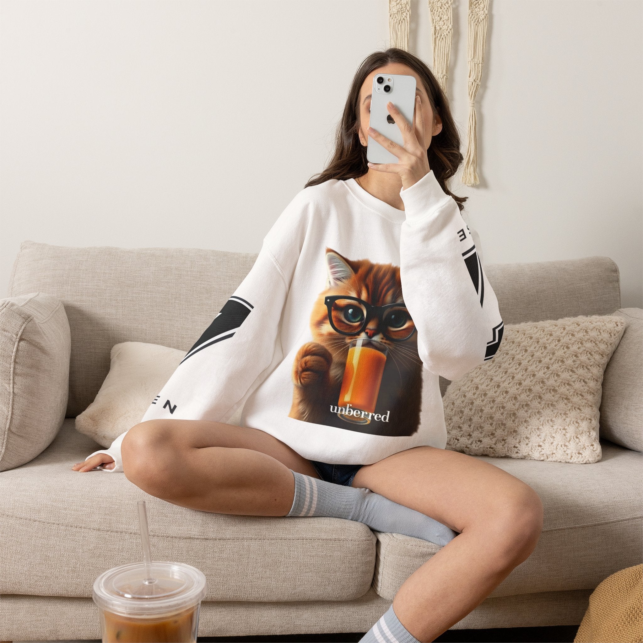 Cat With Juice Graphic Sweatshirt — 'Unbothered' Cozy Crewneck