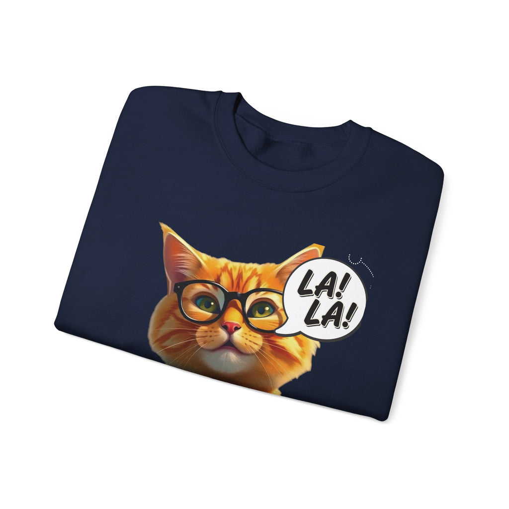 Cat Graphic Sweatshirt — Cute Orange Kitty with 'LA! LA!' Speech Bubble & Lion Crest Back