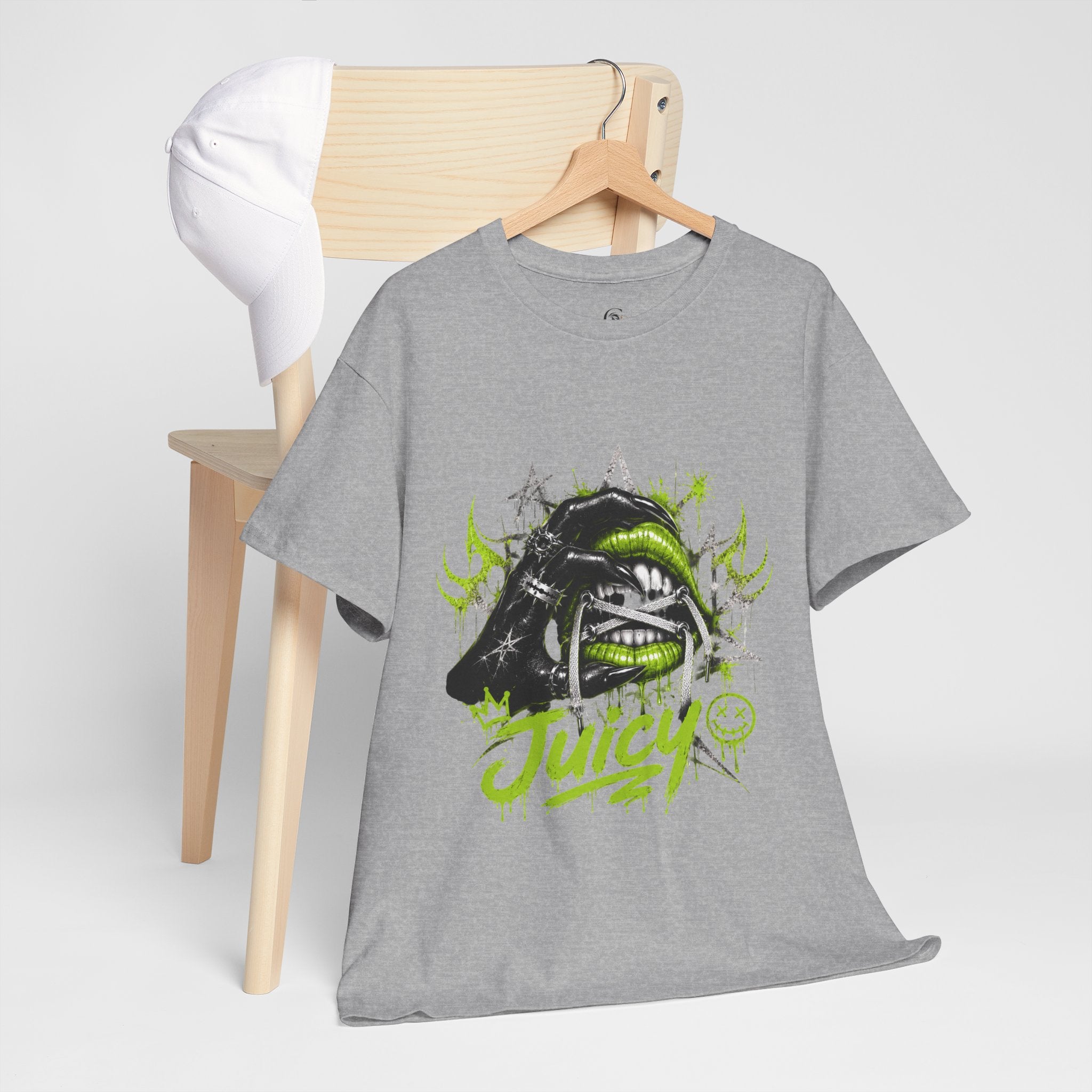 Juicy Graffiti Tee — Neon Green Street Art Graphic T-Shirt
