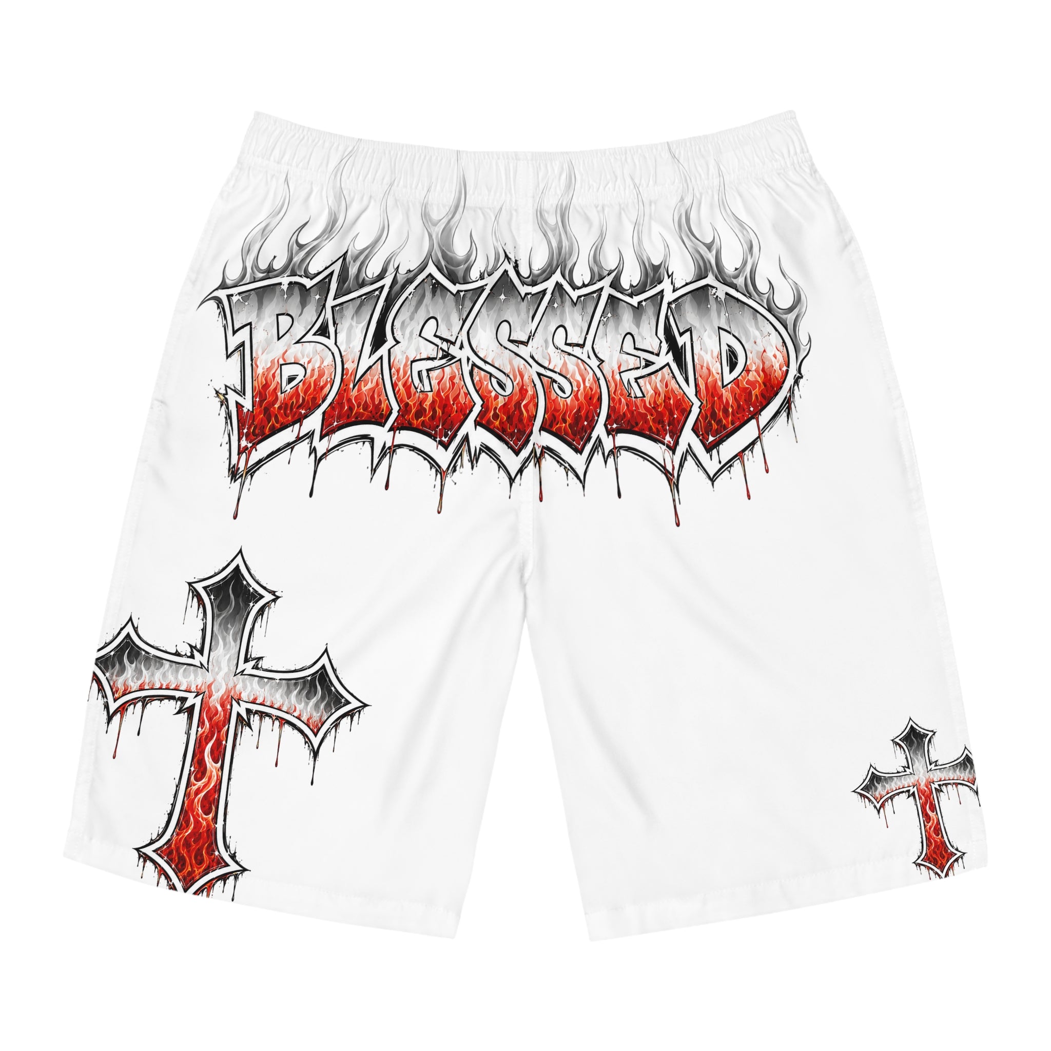 Blessed Flames Board Shorts — Religious Cross Graphic Swim Trunks