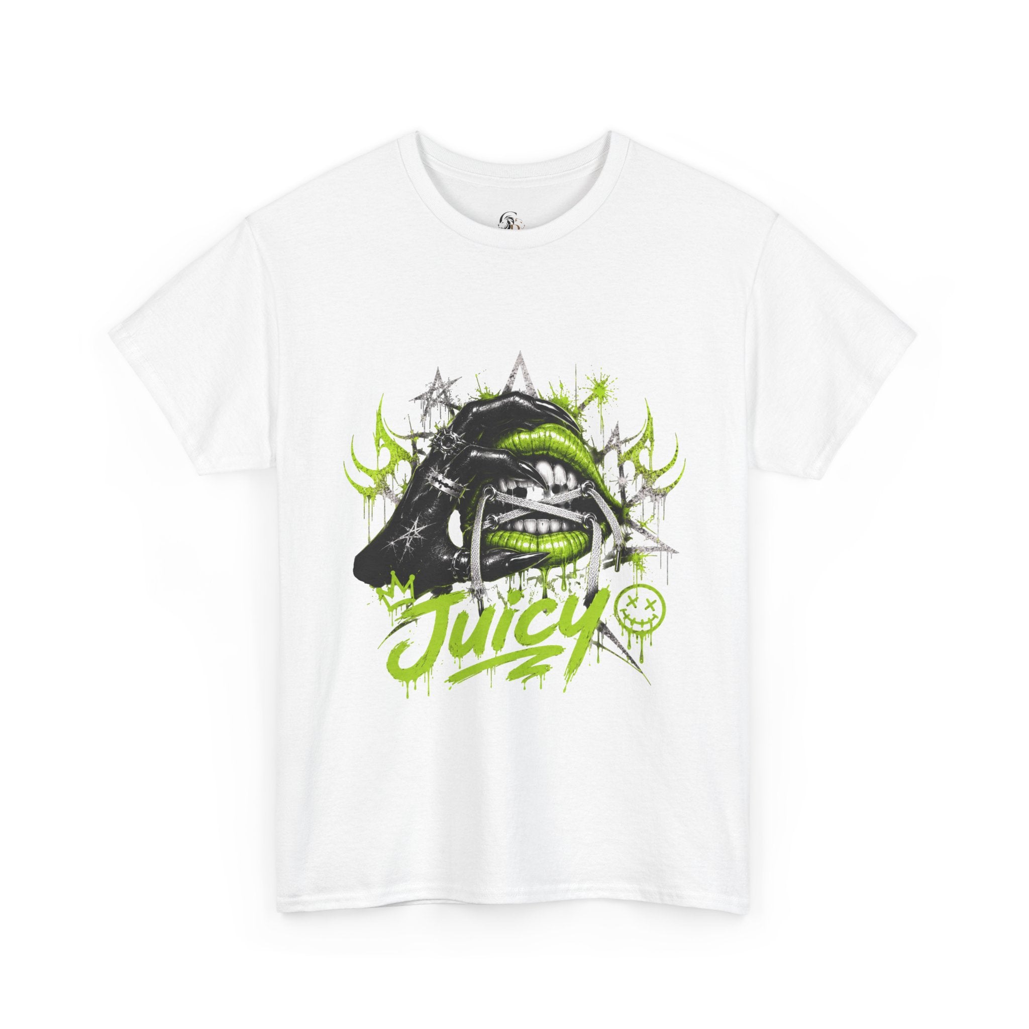 Juicy Graffiti Tee — Neon Green Street Art Graphic T-Shirt