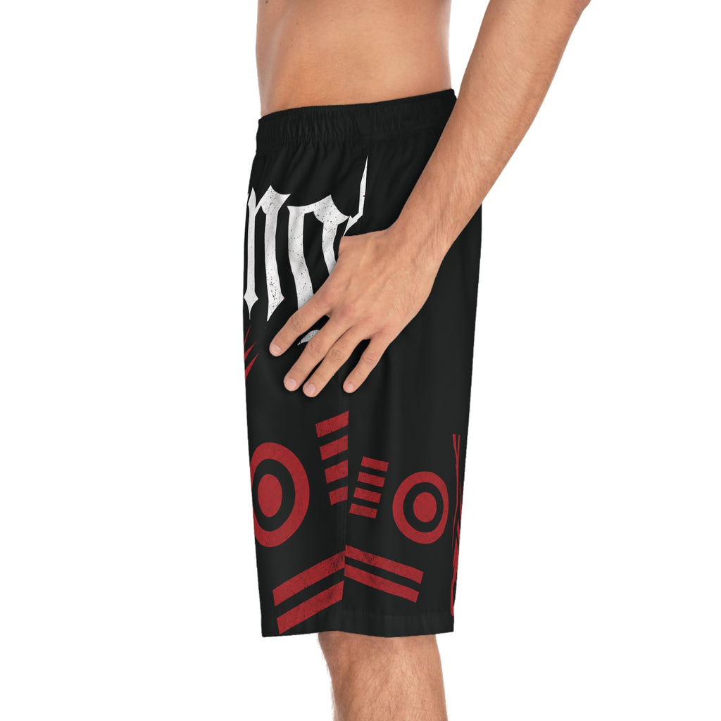 Forever Young Graphic Board Shorts — Men's Black Red Gothic Swim Trunks
