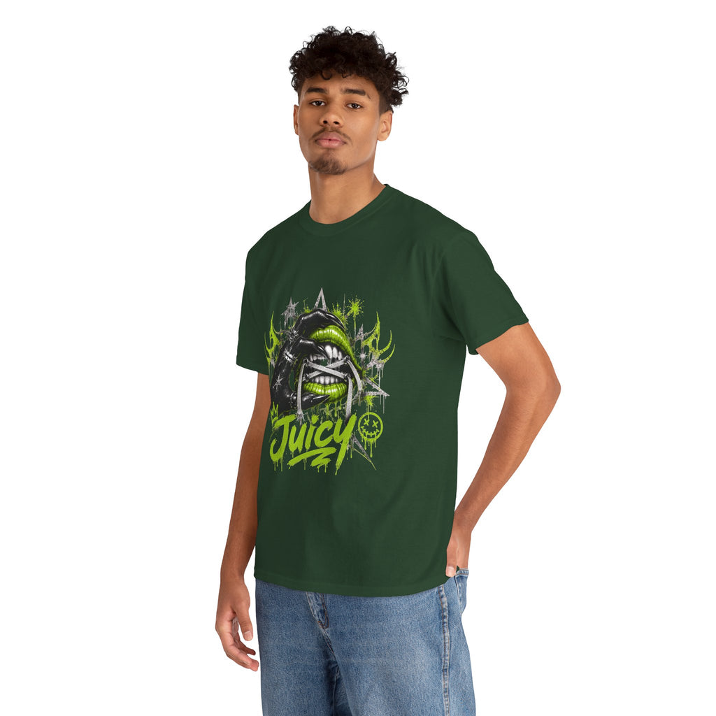 Juicy Graffiti Tee — Neon Green Street Art Graphic T-Shirt