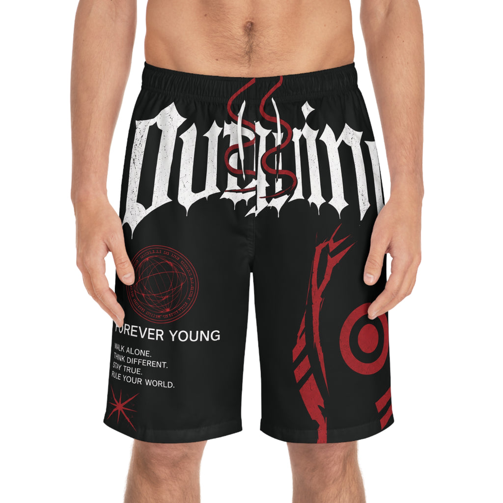 Forever Young Graphic Board Shorts — Men's Black Red Gothic Swim Trunks