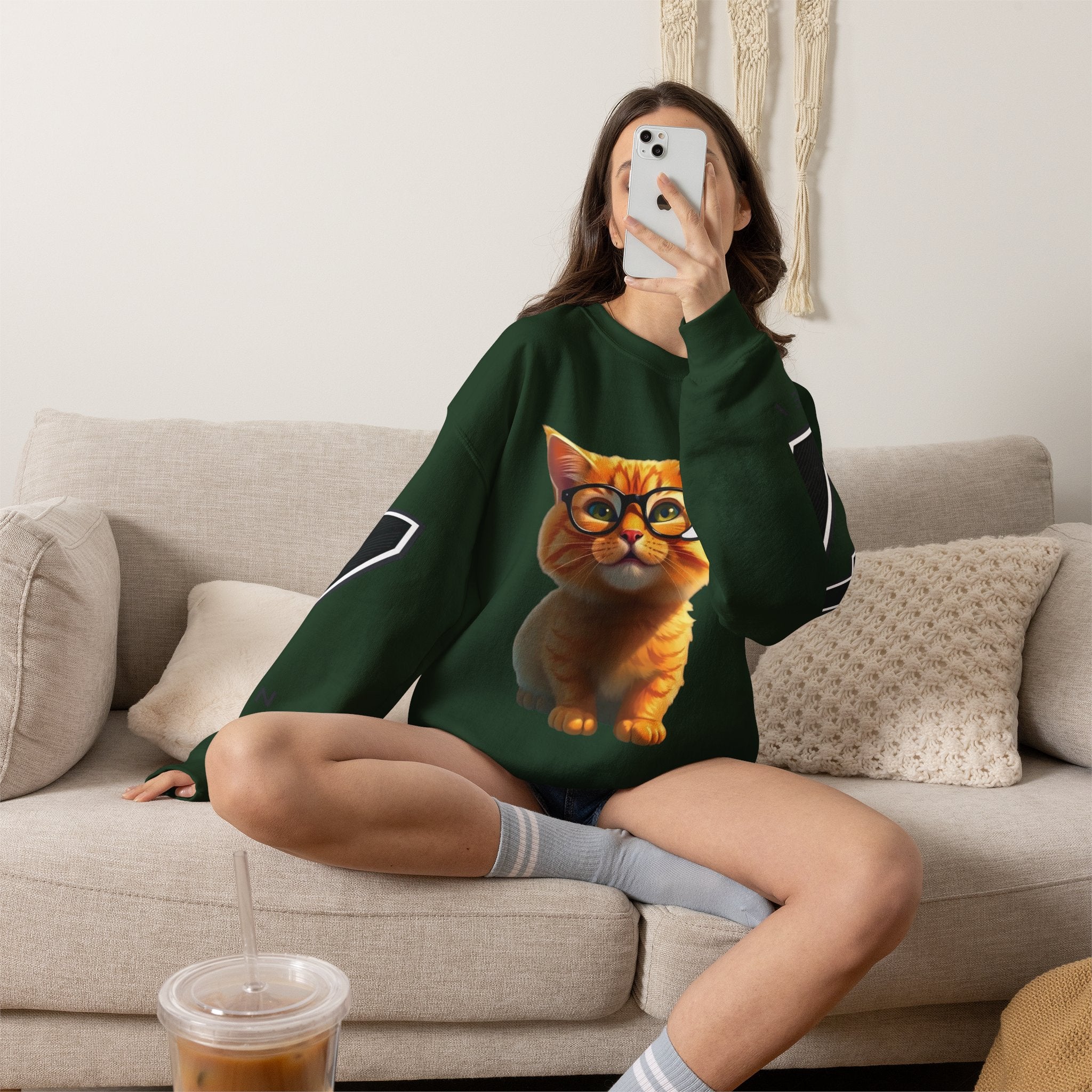 Cat Graphic Sweatshirt — Cute Orange Kitty with 'LA! LA!' Speech Bubble & Lion Crest Back