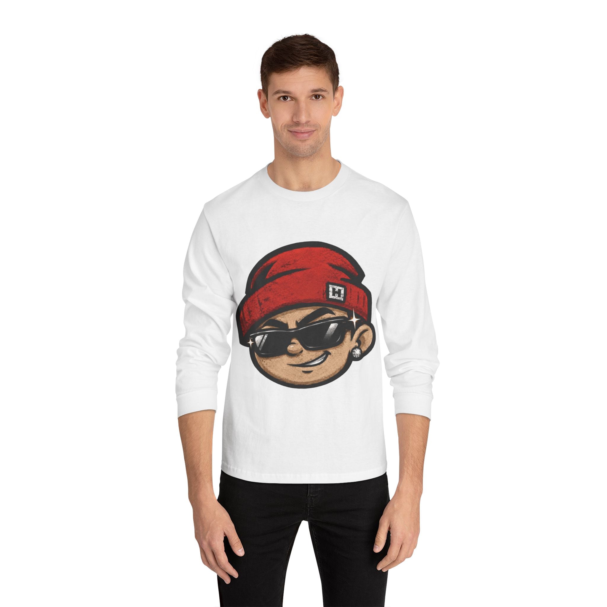 Streetwear Smiley Face Long Sleeve T-Shirt — Red Beanie Cool Kid Graphic